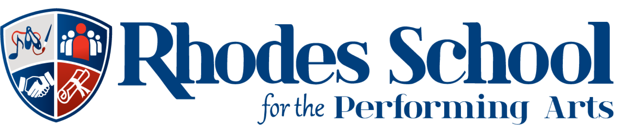 Logo of Rhodes School for the Performing Arts featuring a shield with icons of music, people, a diploma, and a handshake.