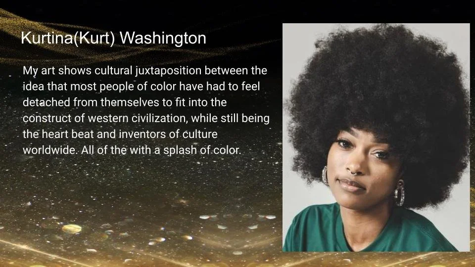 Portrait of a person with an afro hairstyle, wearing earrings and a green top, against a black and gold textured background. Text beside the portrait quotes them discussing cultural juxtaposition and the role of people of color in global culture.