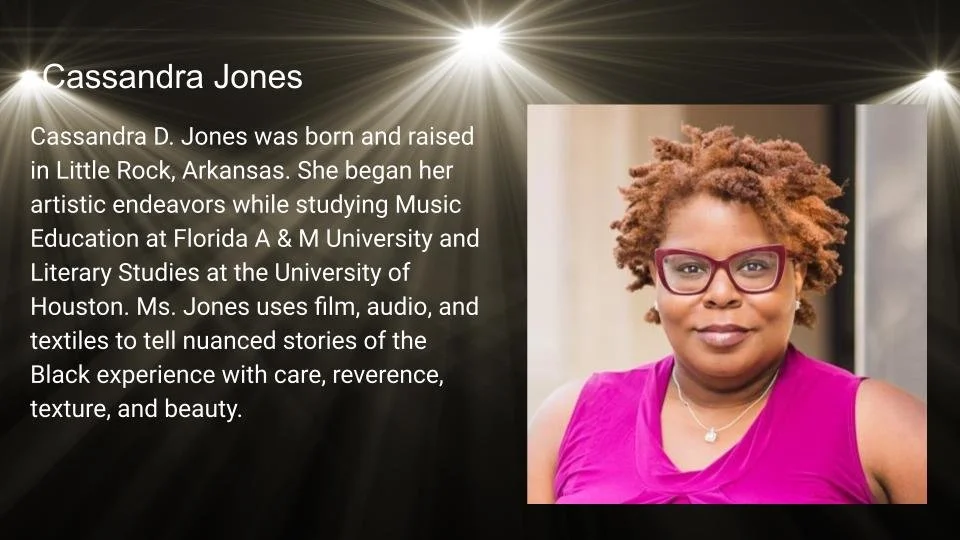 A professional portrait of a woman with natural curly hair, wearing glasses and a purple top. Next to her is text about her life, education, and work, mentioning her name, origin from Little Rock, Arkansas, studies at Florida A & M University and University of Houston, and her use of artistic mediums to explore Black narratives.