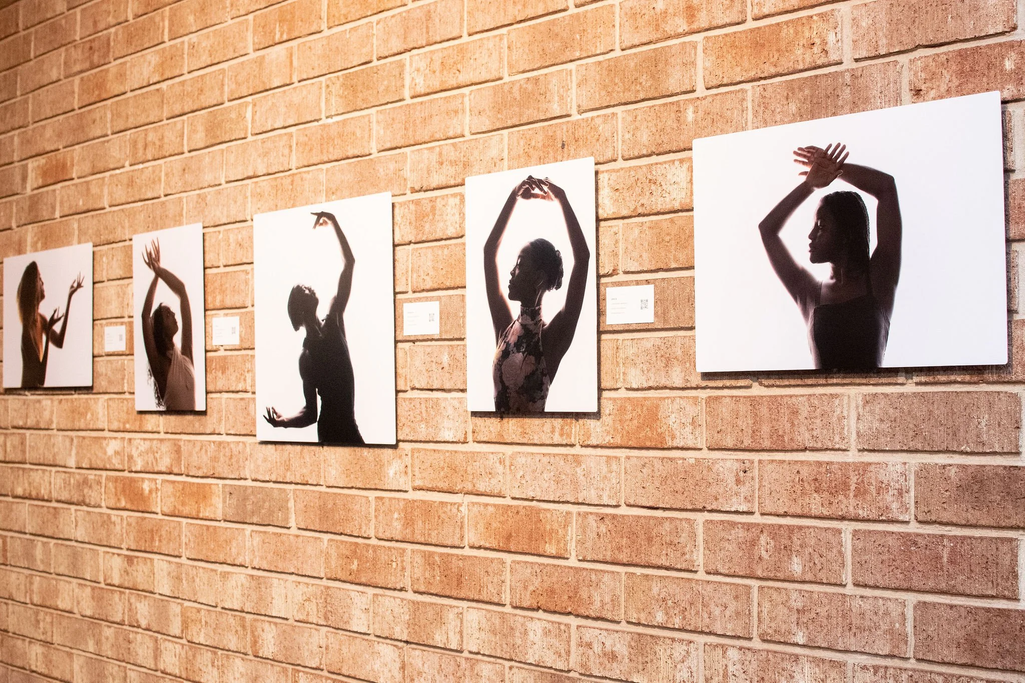 Gallery wall featuring silhouette photographs of dancers in various poses on a brick surface.