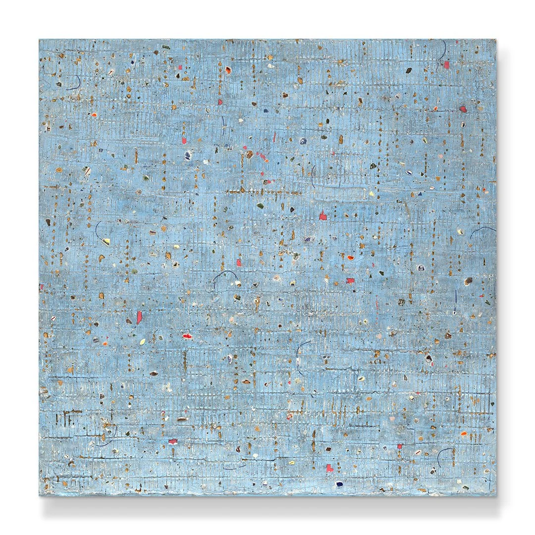 Rintik Emas
Mixed media (wild clay, soil, sand, 
ceramic pigments, lacquer, decals, 
custom-made ceramic shards) on canvas
122 x 122 cm
2024