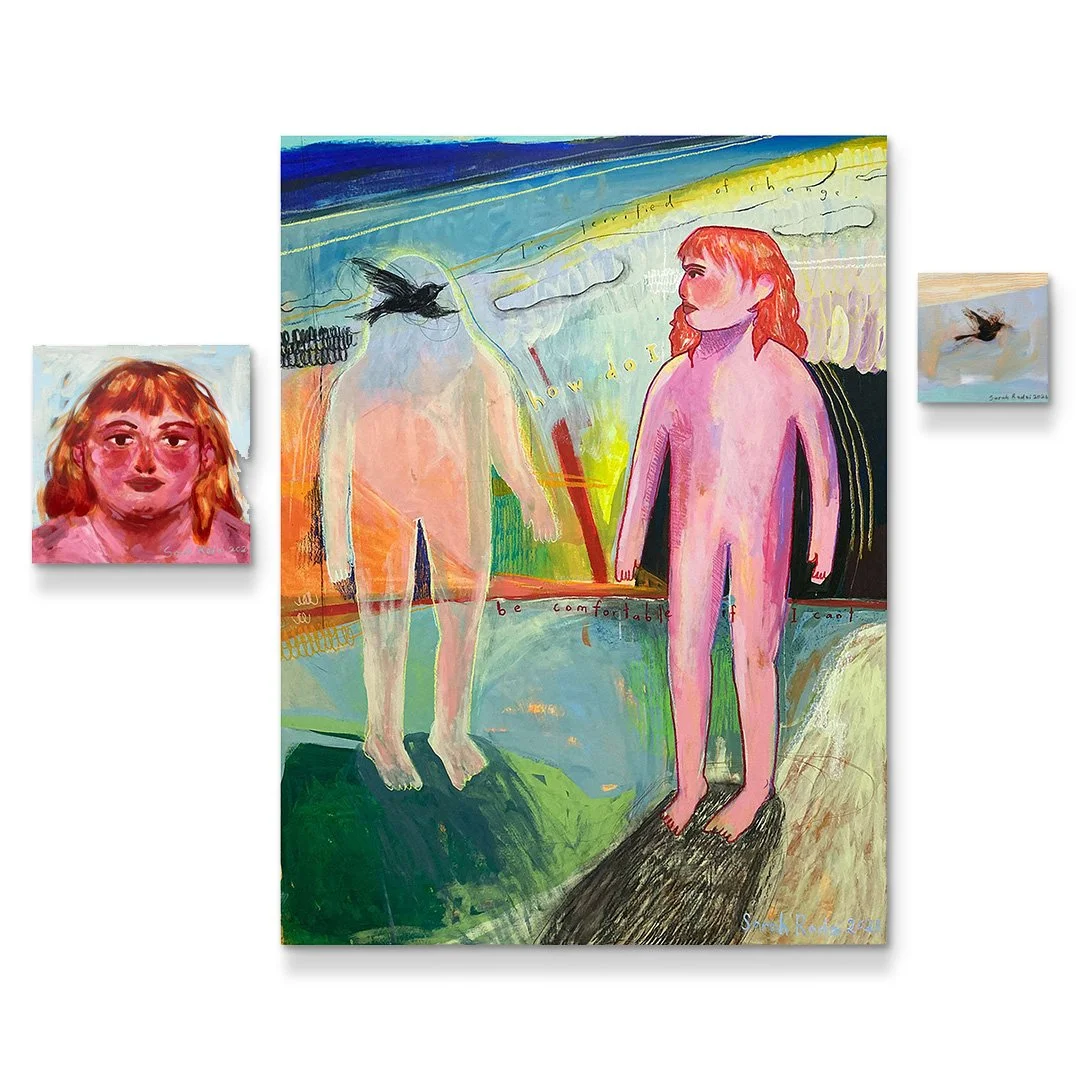 Fake it til You Fake it Some More
Acrylic, oil pastel, and charcoal on canvas
137cm x 183cm, 30cm x 30cm, 15cm x 15cm
2021