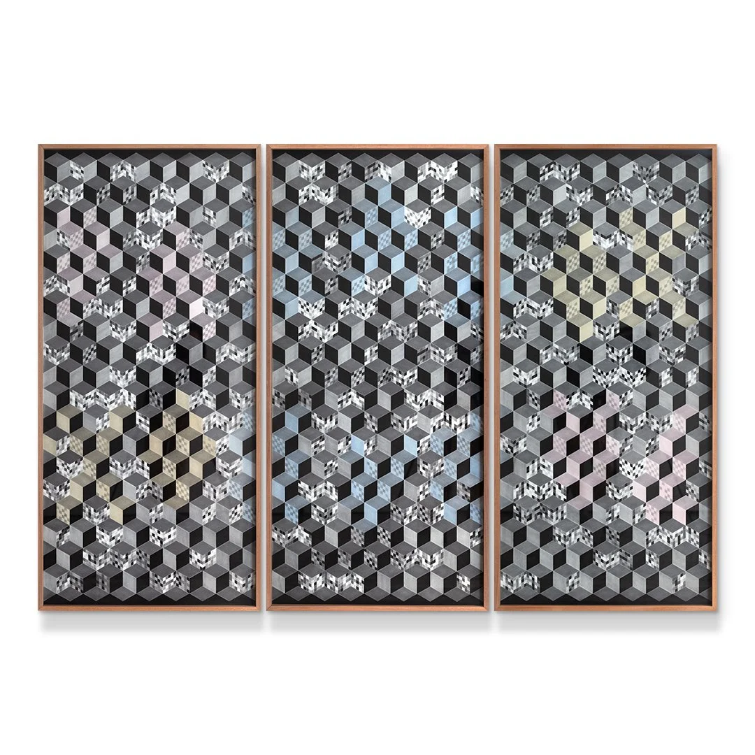 Paradox
Graphite charcoal and colour pencils 
on 300gsm Saunders Waterford 
acid-free paper
150cm x 70cm each
Framed: 153cm x 73cm each (triptych)
2024