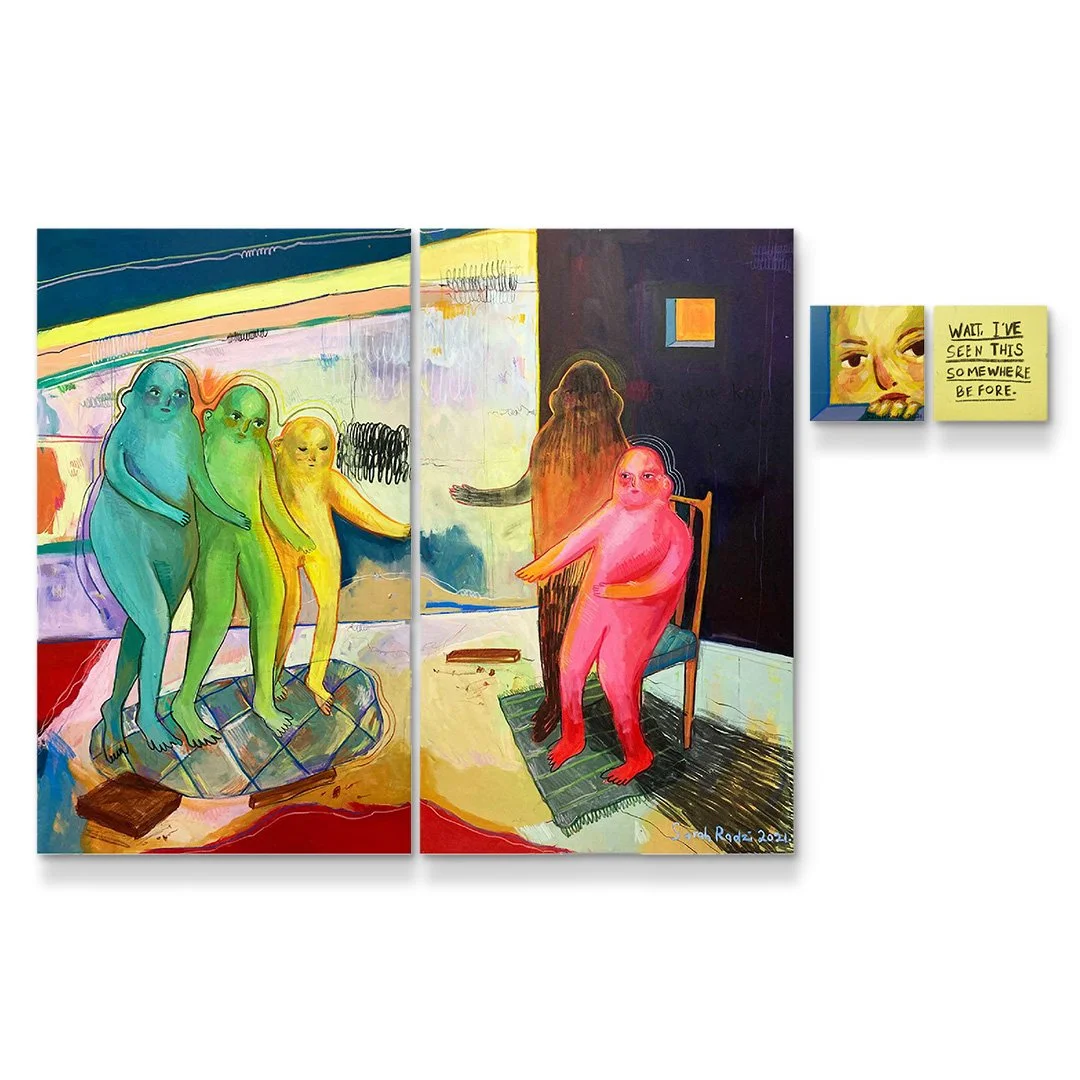 An Intervention for a Destructive Behaviour
Acrylic, oil pastel, and charcoal on canvas
152cm x 182cm, 15cm x 15cm, 15cm x 15cm
2021