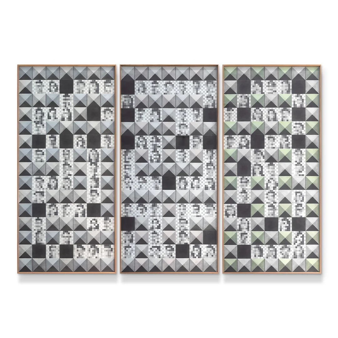 Labyrinthine Dreams
Graphite charcoal and colour pencils 
on 300gsm Saunders Waterford 
acid-free paper
150cm x 70cm each
Framed: 152cm x 72cm each (triptych)
2024