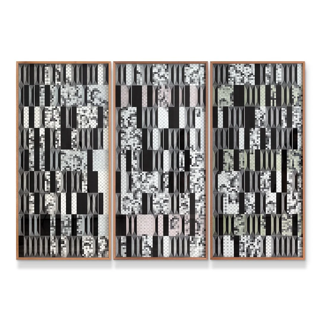 Barcode Life
Graphite charcoal and colour pencils 
on 300gsm Saunders Waterford 
acid-free paper
150cm x 70cm each
Framed: 153cm x 73cm each (triptych)
2024