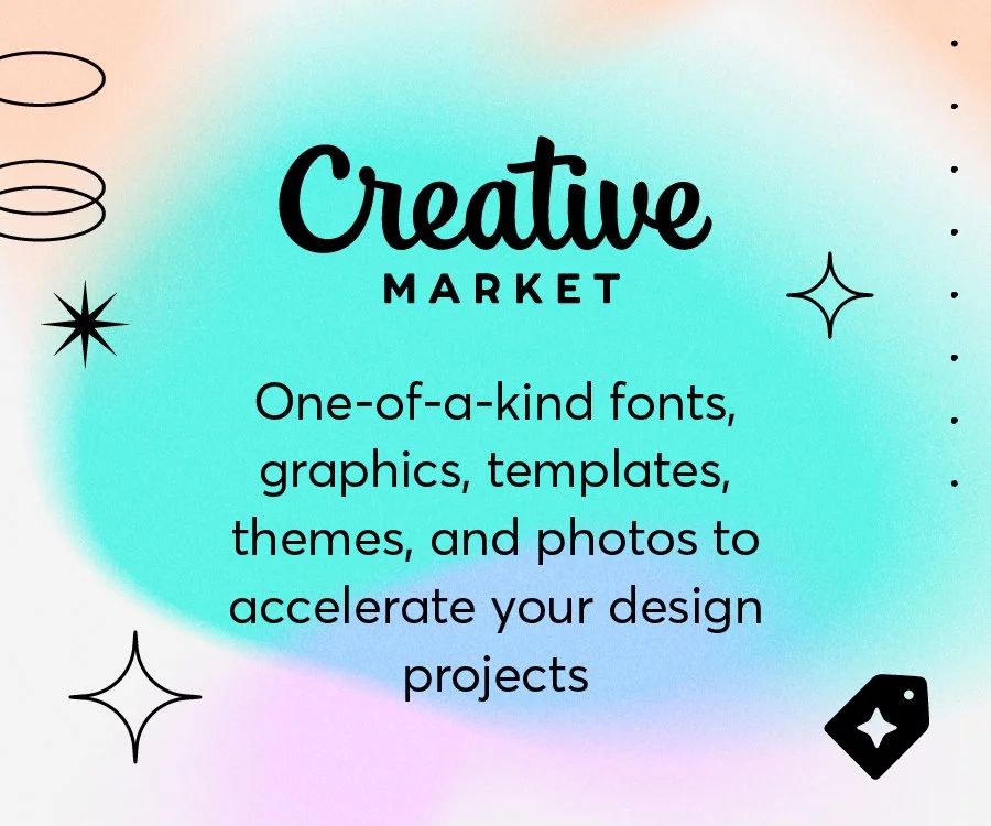 Brushstroke background with text promoting a creative market offering fonts, graphics, templates, themes, and photos to enhance design projects, decorated with doodles and star icons.