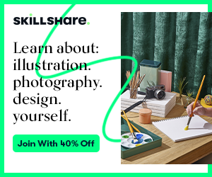 Skillshare promotional graphic with a desk setup including a camera, notebooks, and art supplies, promoting learning about illustration, photography, and design with a 40% off discount.