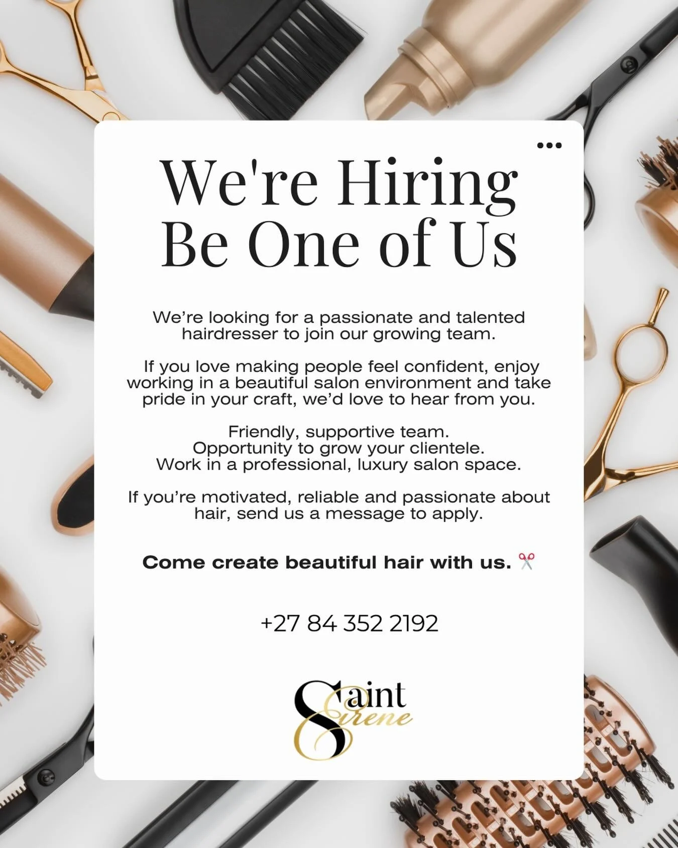 WE&rsquo;RE HIRING ✂️
Looking for a talented hairdresser to join our team. Passionate about hair? Love making people feel beautiful?
📩 message us to apply! 🤍✨