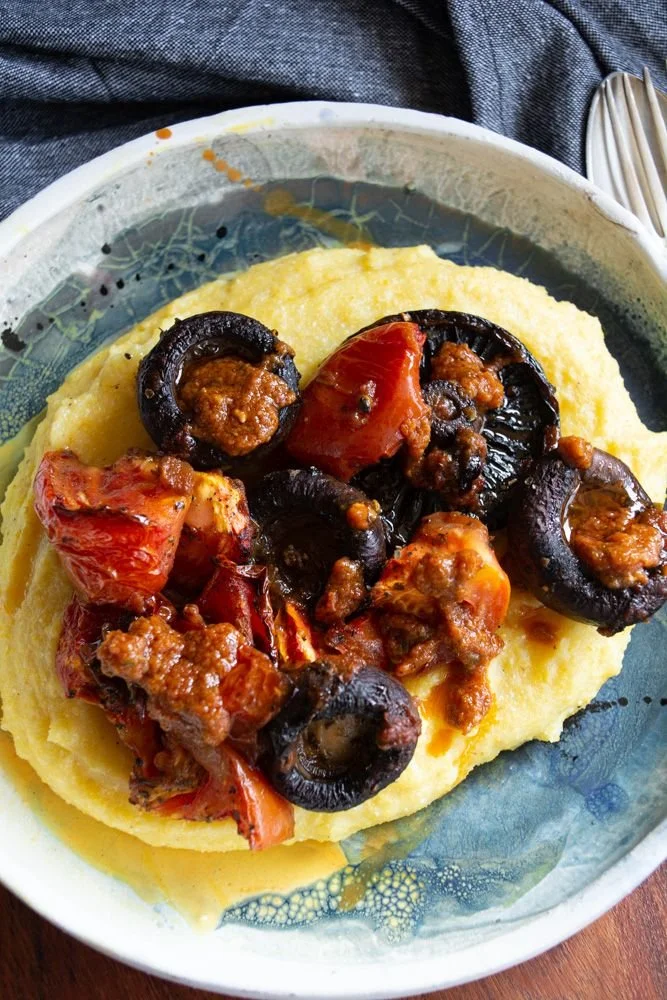 Roasted mushrooms and tomatoes with polenta