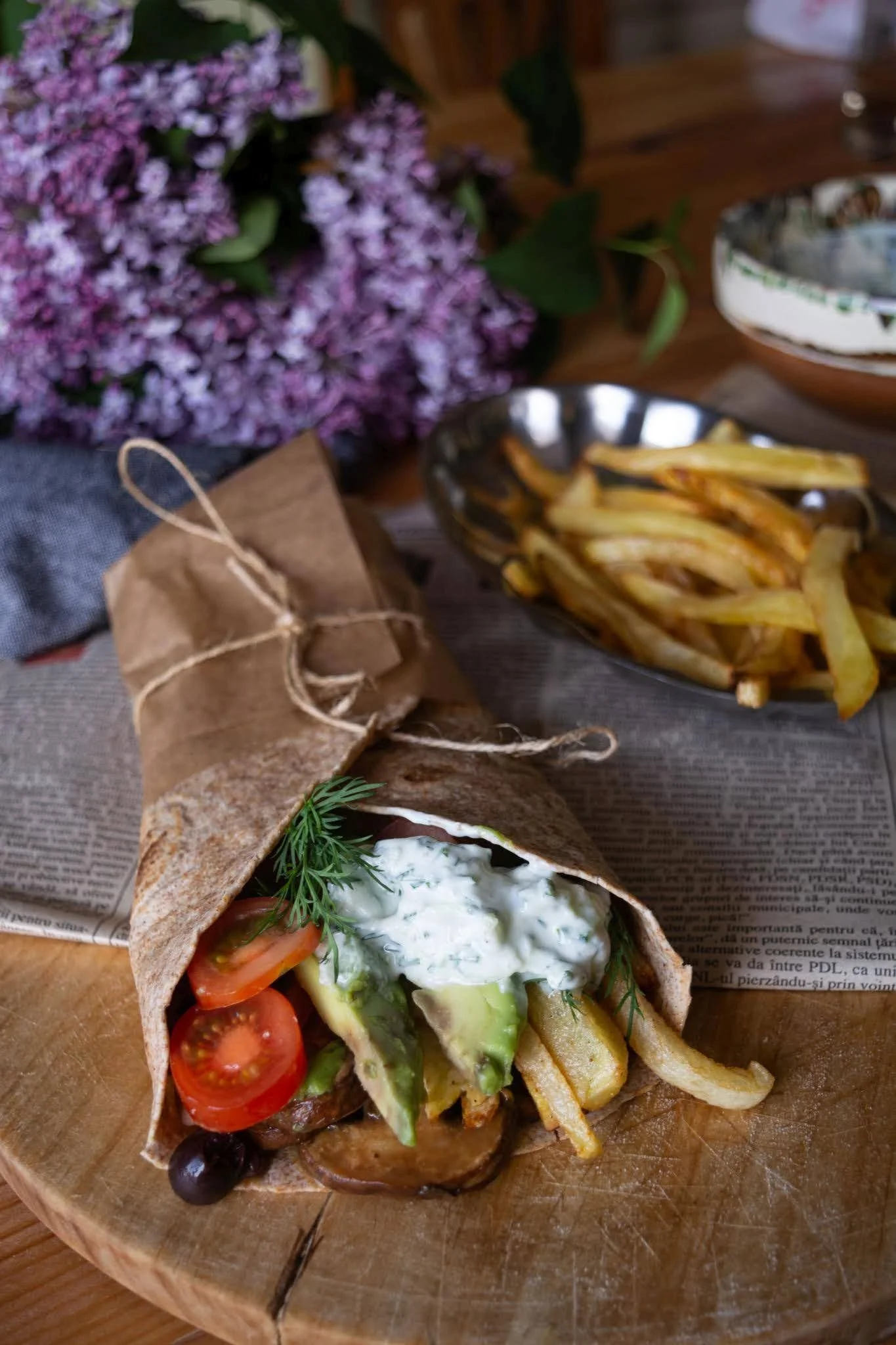 Gyros with caramelized mushrooms, potatoes and tzatziki