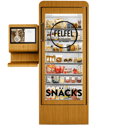 Contenu du frigo intelligent FELFEL avec snacks sains, boissons fraîches et repas artisanaux