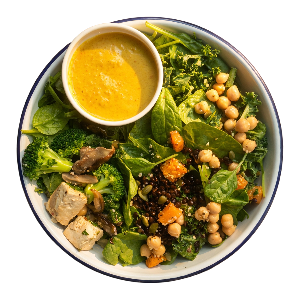 Mixed salad with broccoli, spinach, chickpeas, black beans, diced sweet potatoes, tofu, and a small bowl of yellow dressing.