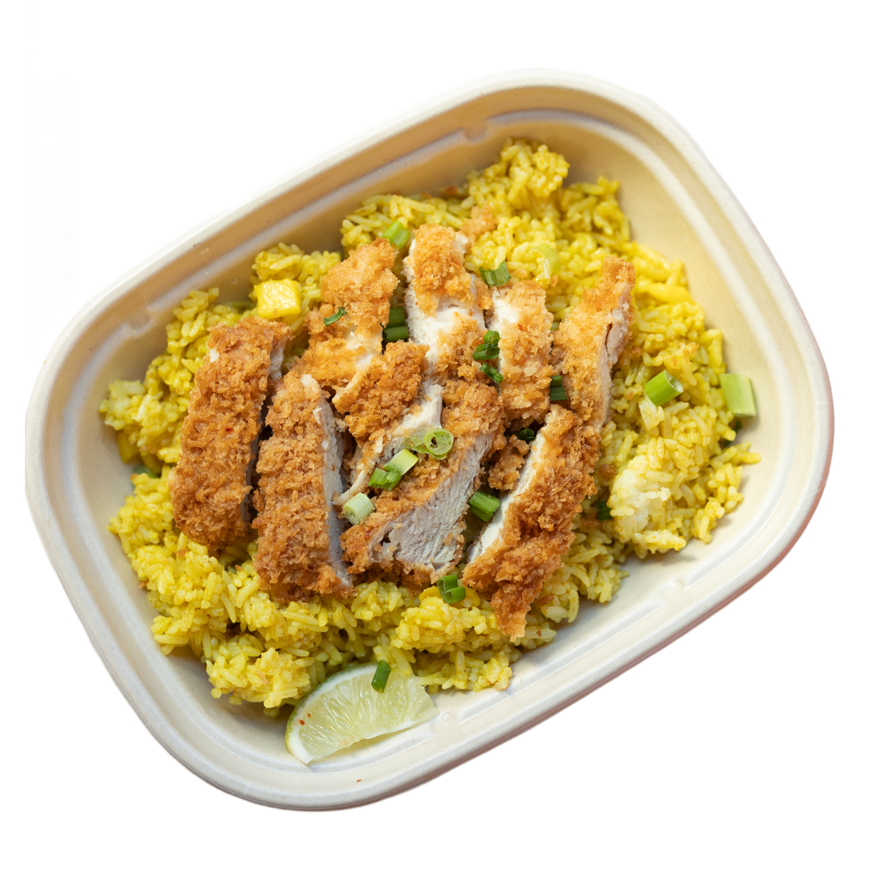 Fried chicken served over yellow rice with chopped green onions and a lemon wedge.