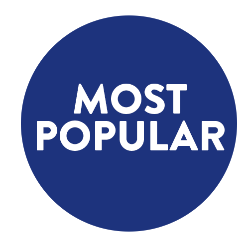 Blue circular badge with white text that reads 'Most Popular'.