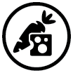 Stylized black and white icon of a gorilla with a plant growing from its head, standing next to a camera