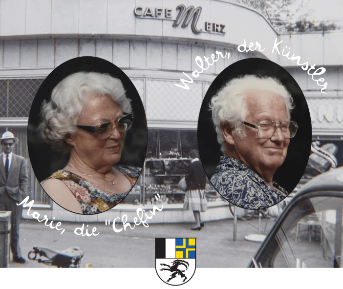 Porträts von Marie und Walter Merz vor einer historischen Schwarz-Weiss-Aufnahme des Café Merz in Chur, darunter das Wappen des Kantons Graubünden.