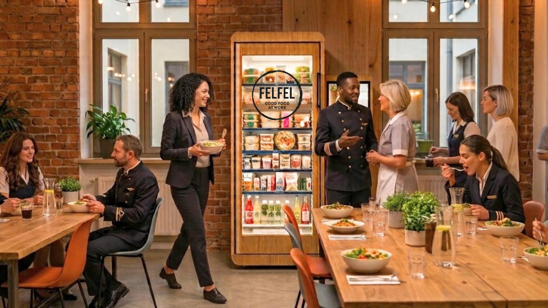 A hotel staff room with a FELFEL refrigerator stocked with freshly prepared meals for the employees.
