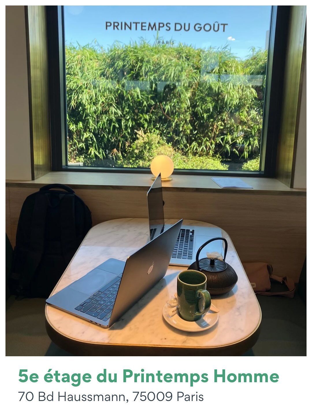 Je vous avais promis de vous partager de nouvelles adresses o&ugrave; coworker. Et bien voici quelques adresses gourmandes pour cette s&eacute;lection :

🍰 Le 5e &eacute;tage du Printemps Homme : d&eacute;j&agrave; pour la vue sur Paris, qui est ass