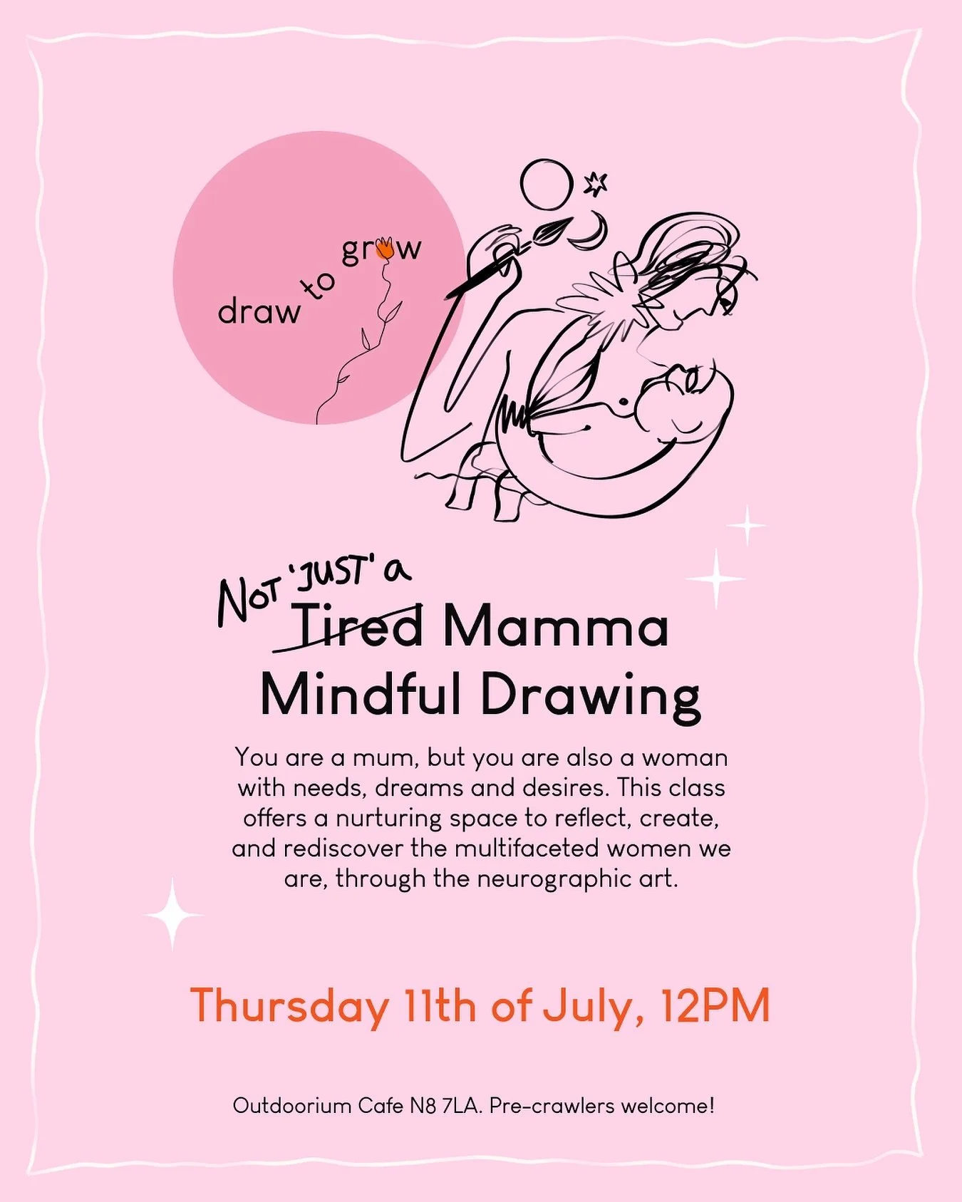 Hello mums! A new mindful drawing class for you on Thursday 11th of July. This week&rsquo;s theme is: NOT &lsquo;JUST&rsquo; A MUM. Tickets in bio! 

In this class, we will intuitively draw abstract lines and shapes (neurographic art) and be guided t