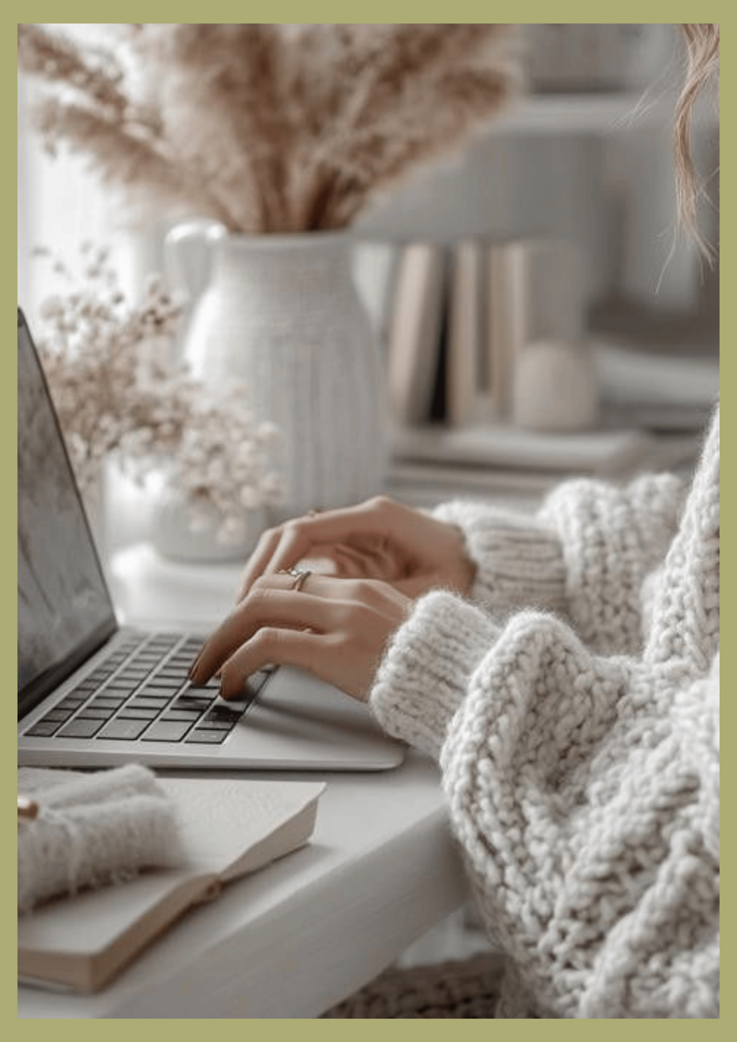woman in white knit sweater sitting at desk with typing on her laptop.
