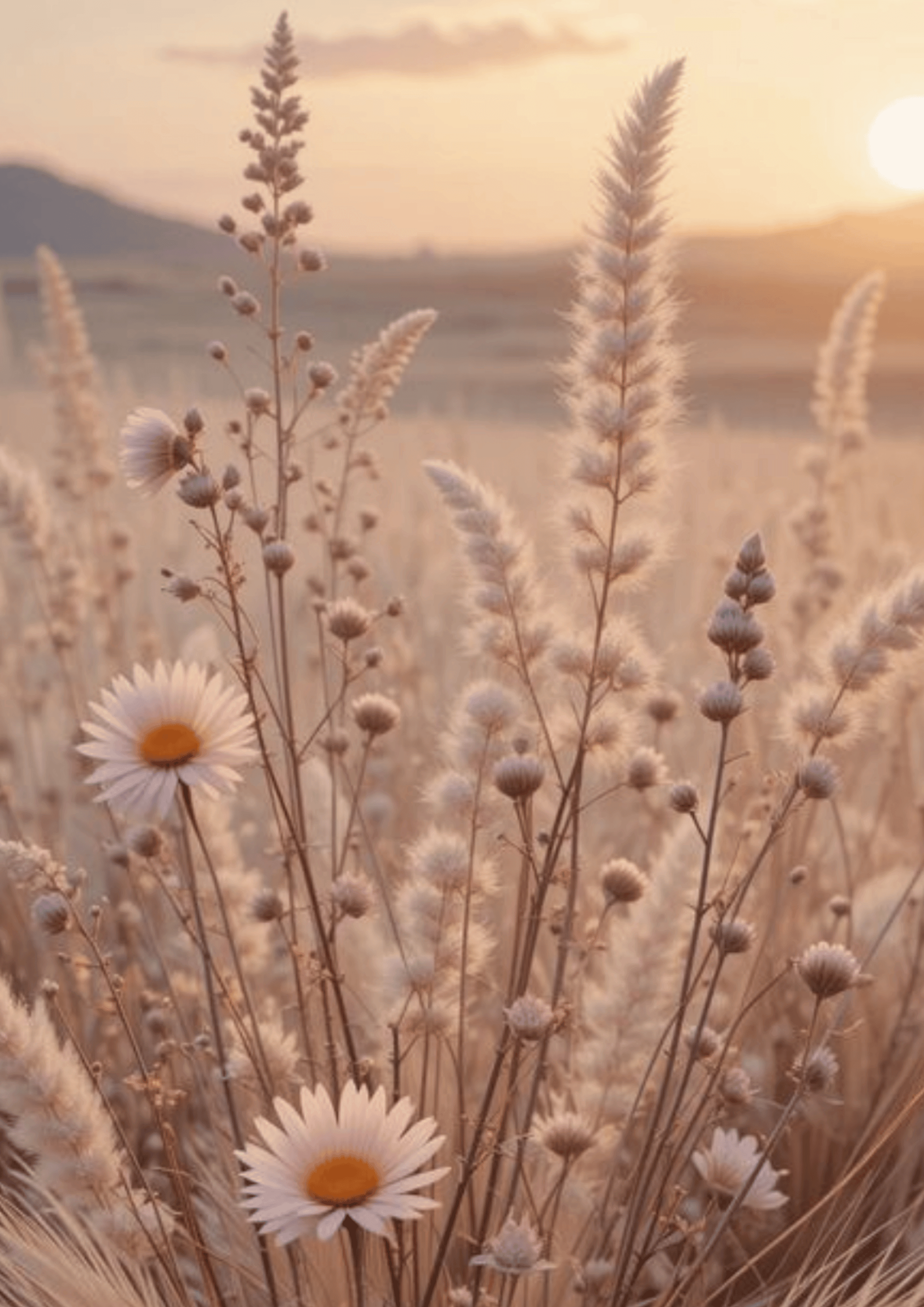 a field of daisies and field flowers in the setting sun.