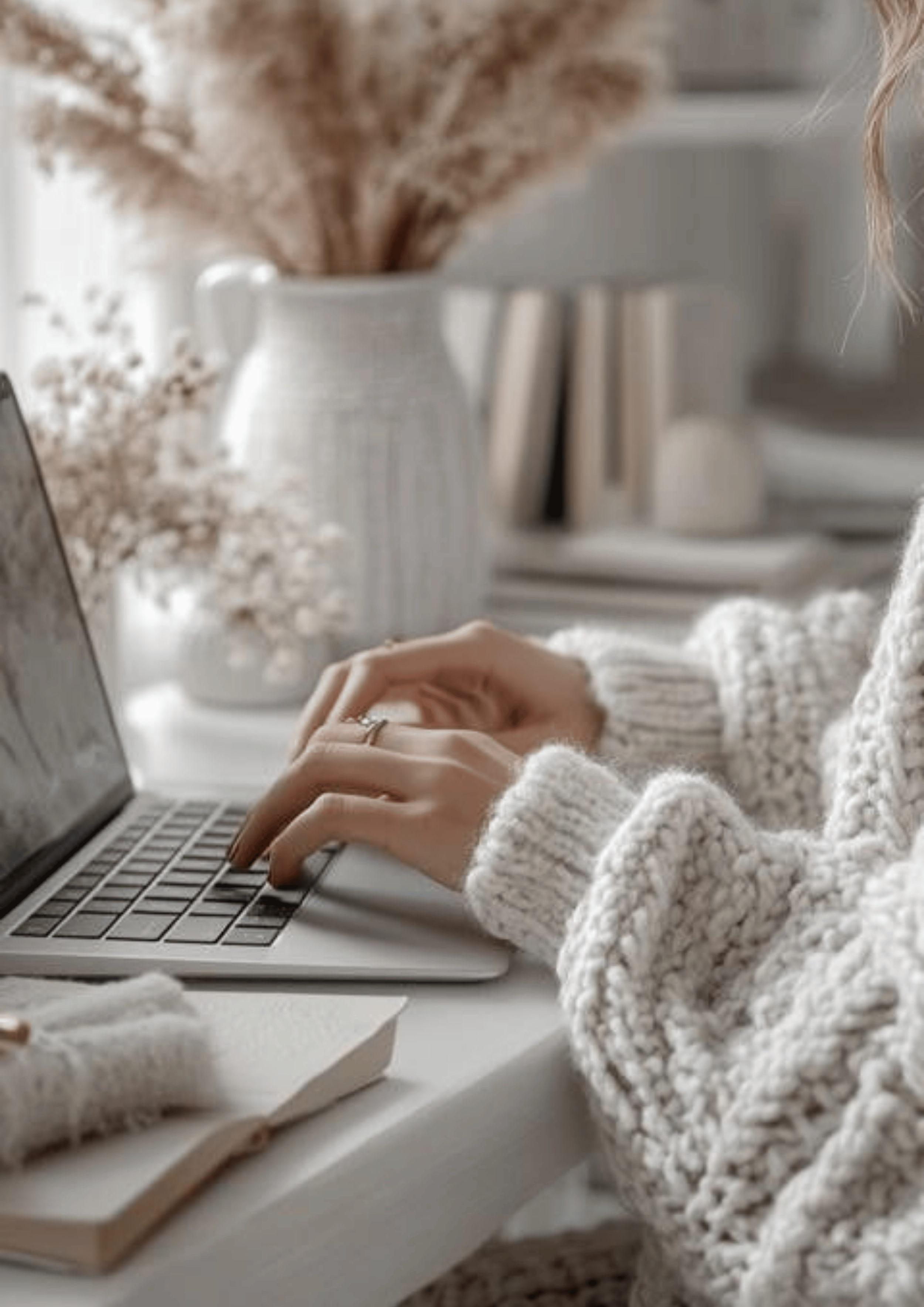 Person typing on a laptop at a white desk, wearing a cozy cream-colored sweater. There is a stack of books and a notebook in front of the person, with a large white vase filled with dried pampas grass and other dried flowers in the background.