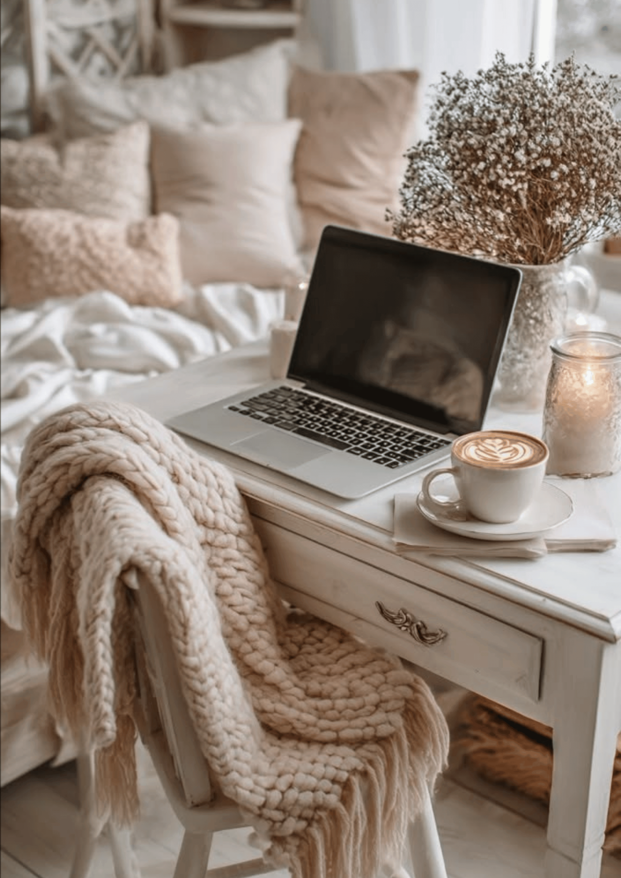 laptop open on white desk with cozy beige blanket draped on chair and coffee next to computer.