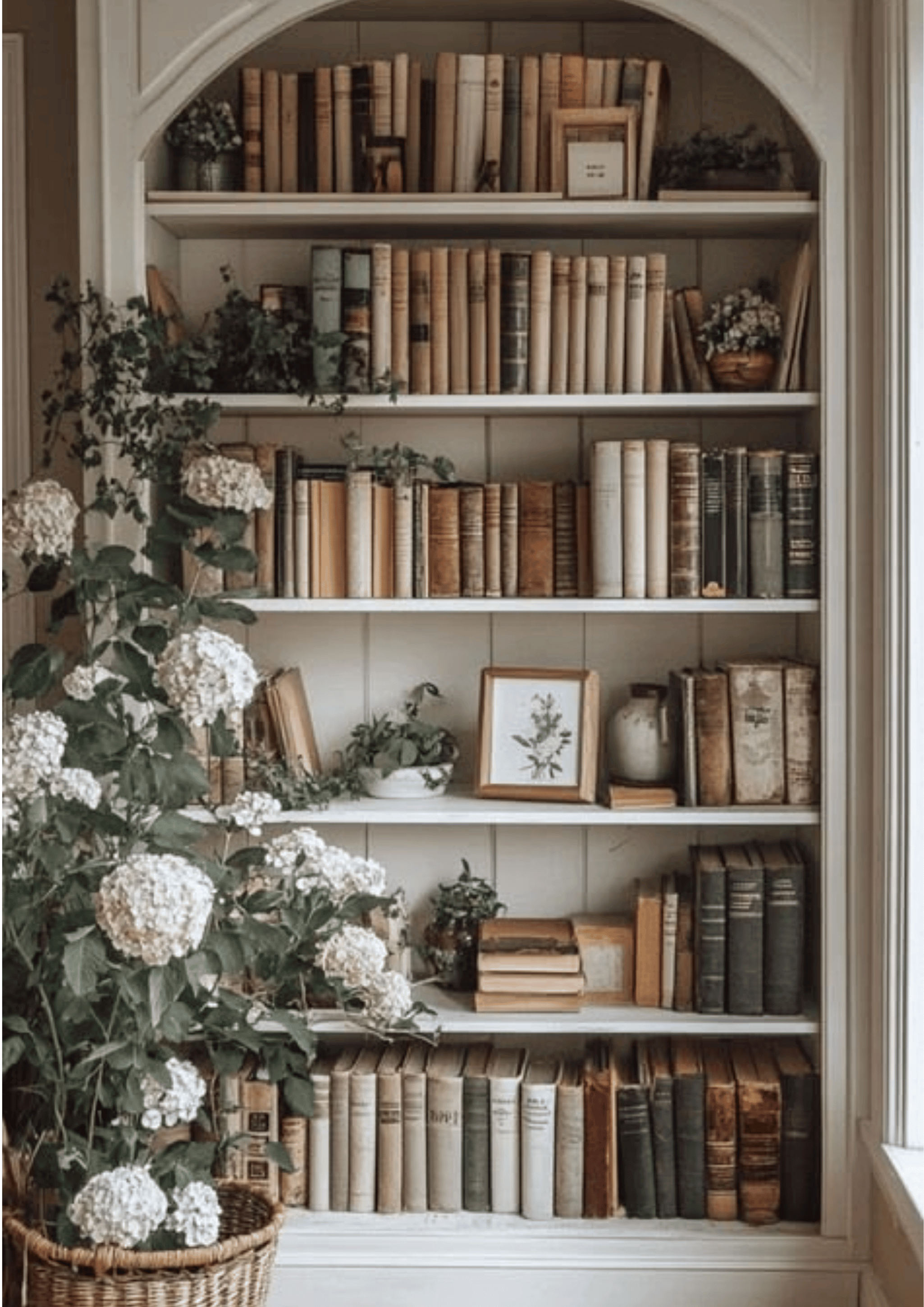 A white bookshelf filled with beige, white, and brown books, with some decorative items like vases and a stack of books, next to a wicker basket with a tall leafy plant, in a cozy room with sunlight streaming in.