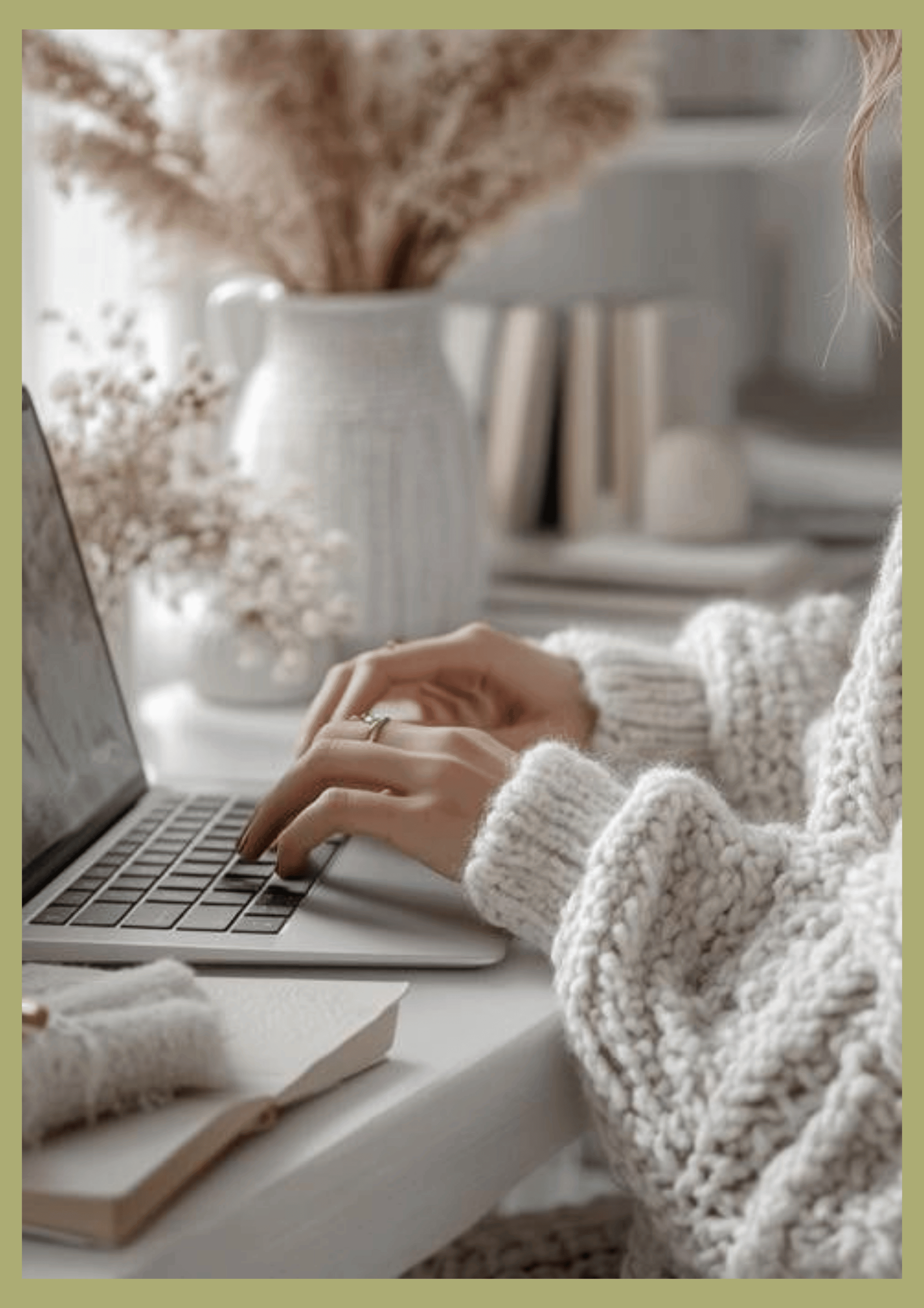 woman in white knit sweater sitting at desk with typing on her laptop.