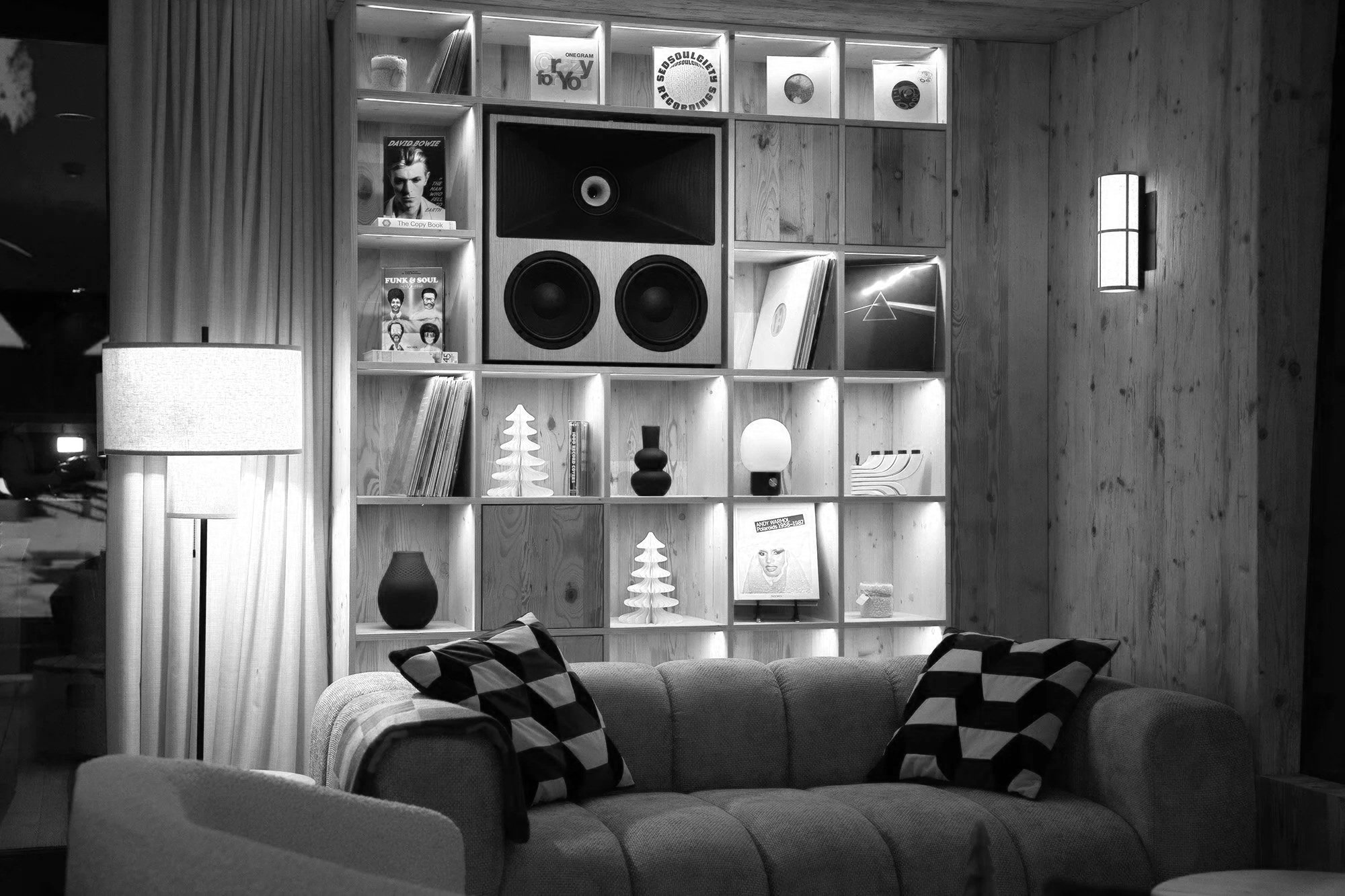 B-Side Alpine Hi FI Listening Bar in the dolomites shelving unit