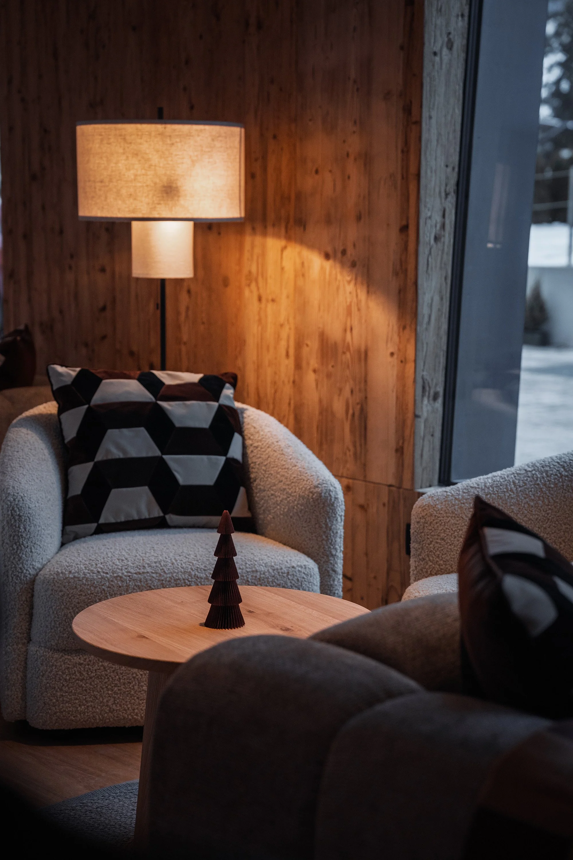 Design elements show in B-Side Hi-Fi listening Bar in Alta Baida. Covent Lounge Chair and Margin Floor Lamp from New Works and Cushions from Christina Lundsteen.