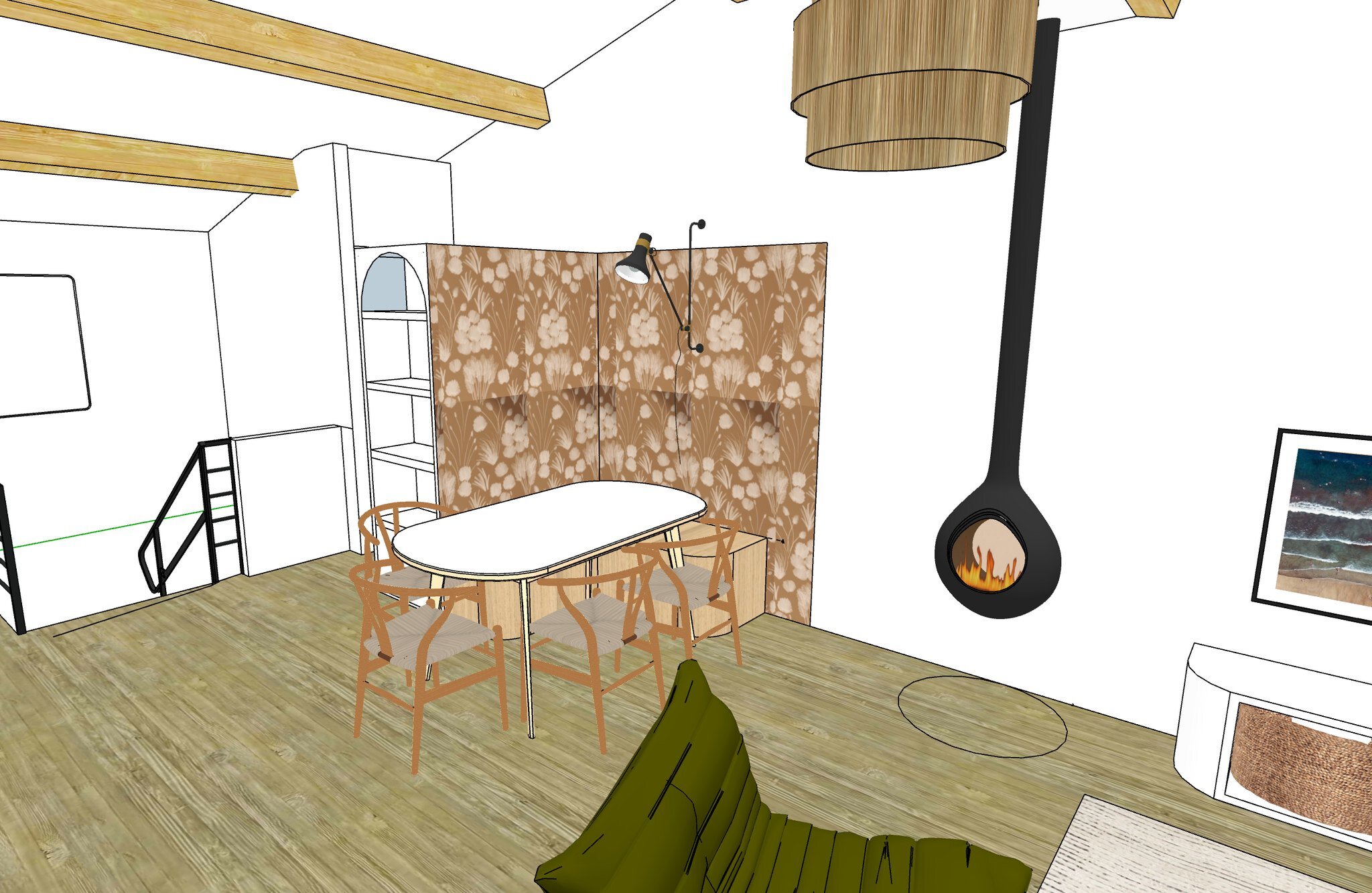 #projection3d &bull;REFUGE CHIC&bull;
Ce petit coin banquette, bonjour l'optimisation de l'espace et l'astuce parfaite pour transformer une contrainte - une cloison mal plac&eacute;e - en avantage!
Un papier peint bien styl&eacute; pour d&eacute;limi