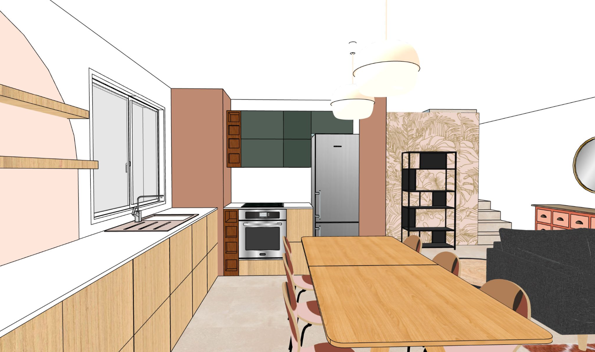 Perpective 3D appartement salon, cuisine et salle à manger