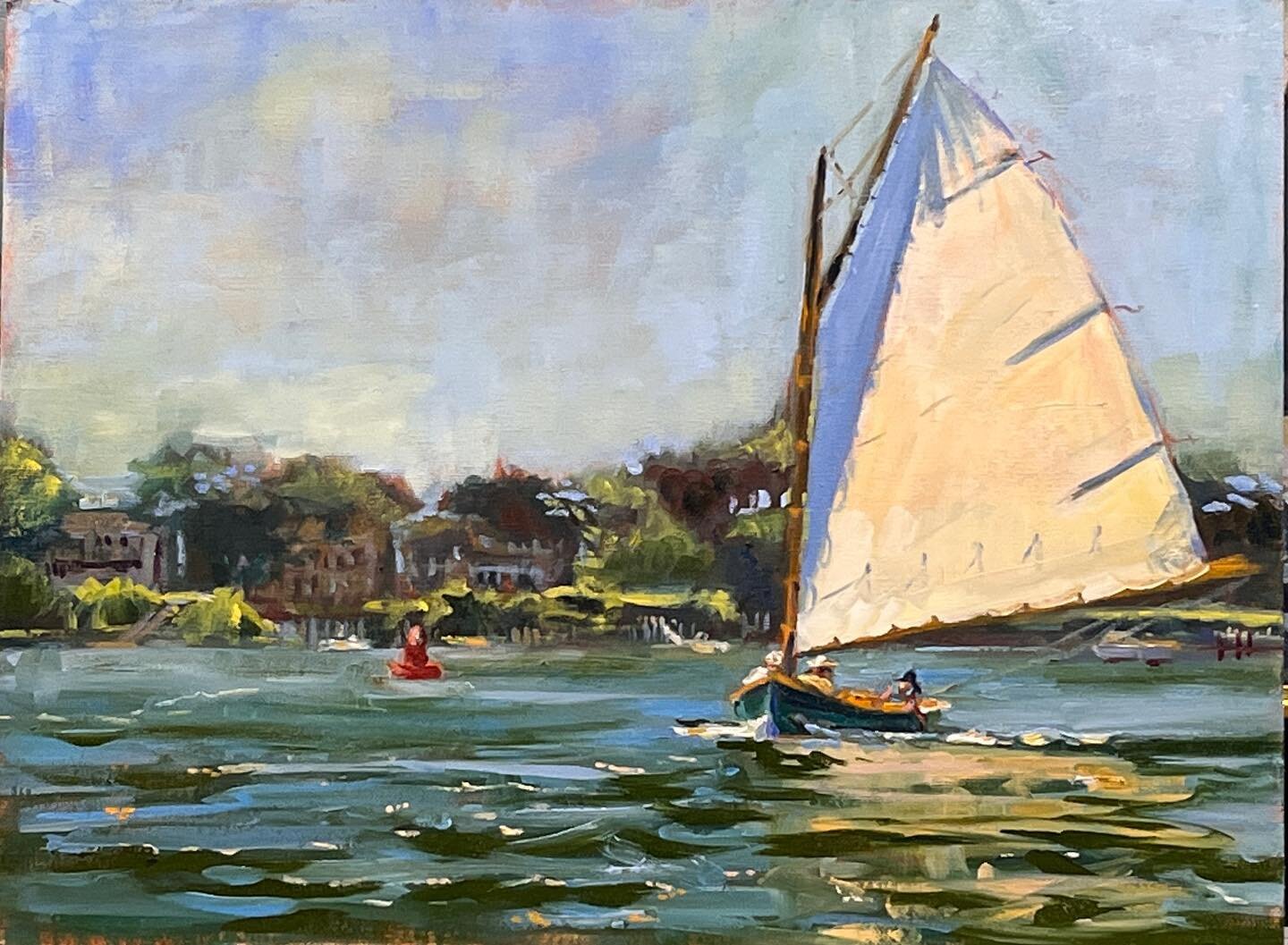 New oil painting: There&rsquo;s nothing like watching a Catboat under sail. They&rsquo;re so beamy and nostalgic to watch. There was a woman in this boat just trailing her fingers in the water.