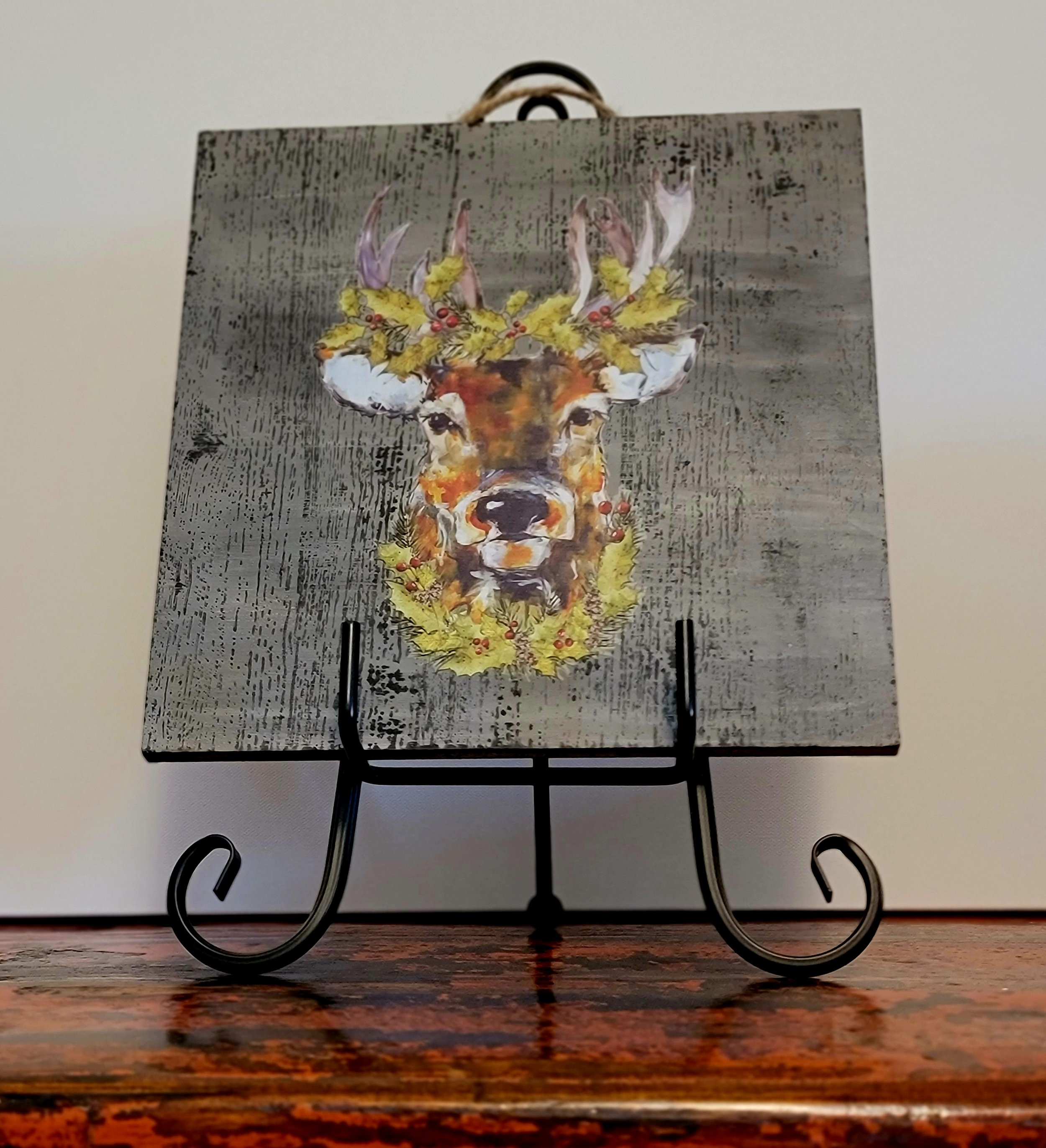 Christmas Holly Deer Wooden Plaque