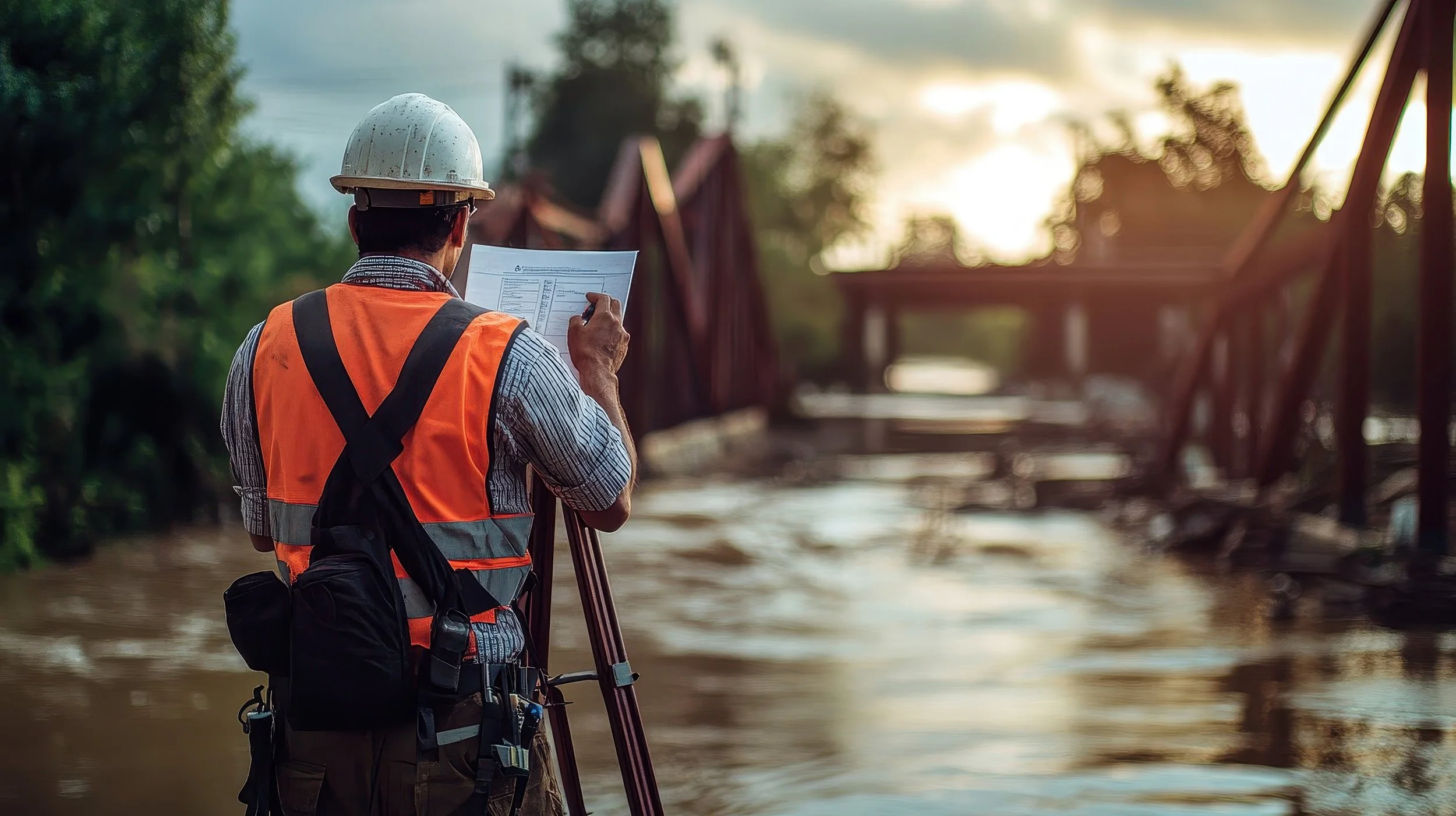A construction worker using surveying equipment near a flooded area with a bridge in the background during sunset.
