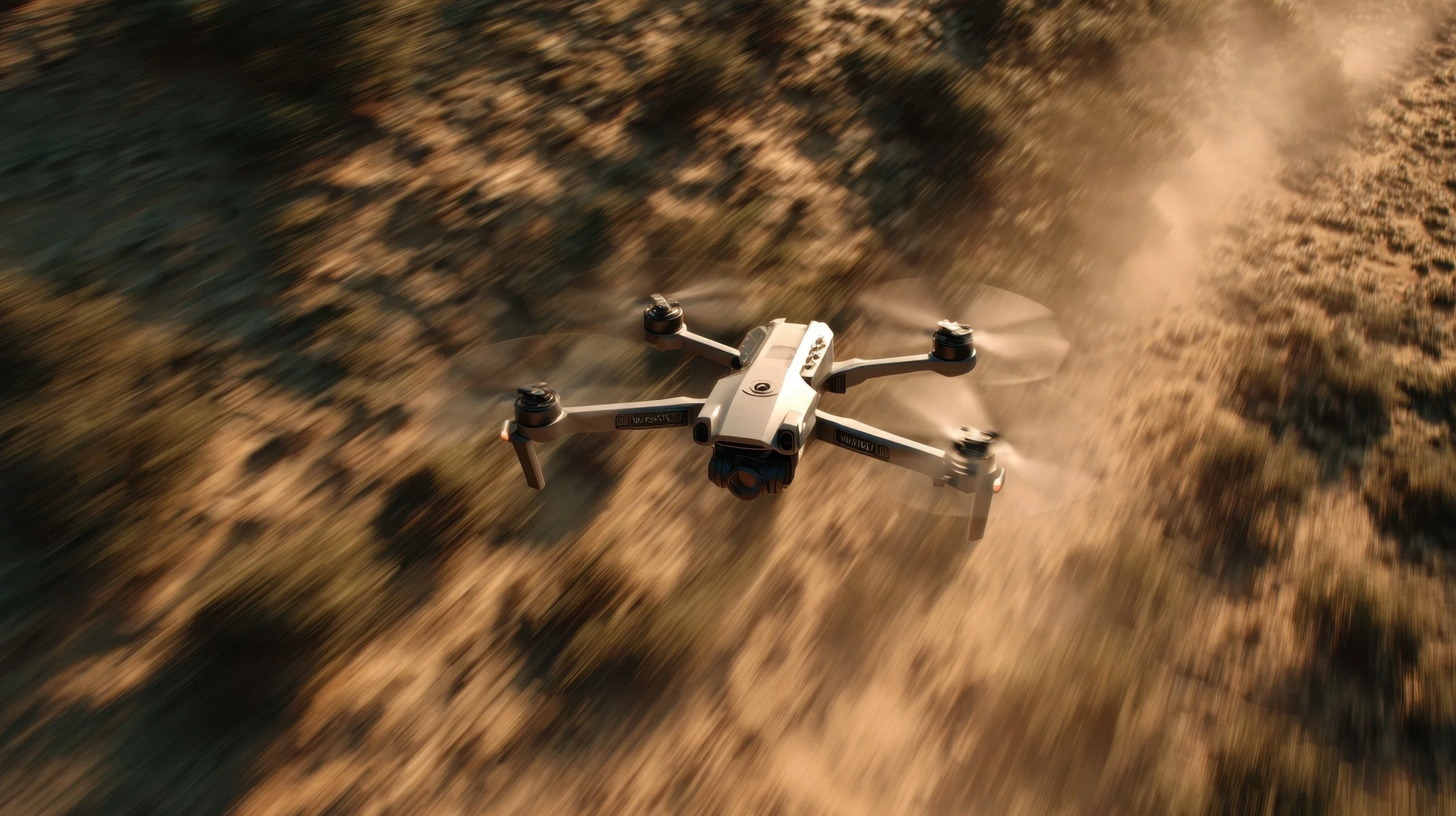 A drone flying over dry, rough terrain as dust and debris trail behind it.