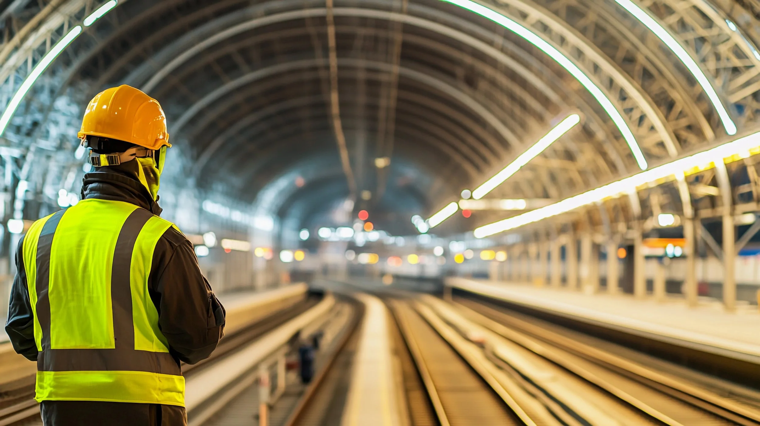 A worker in a yellow safety vest and hard hat at a train station tunnel.