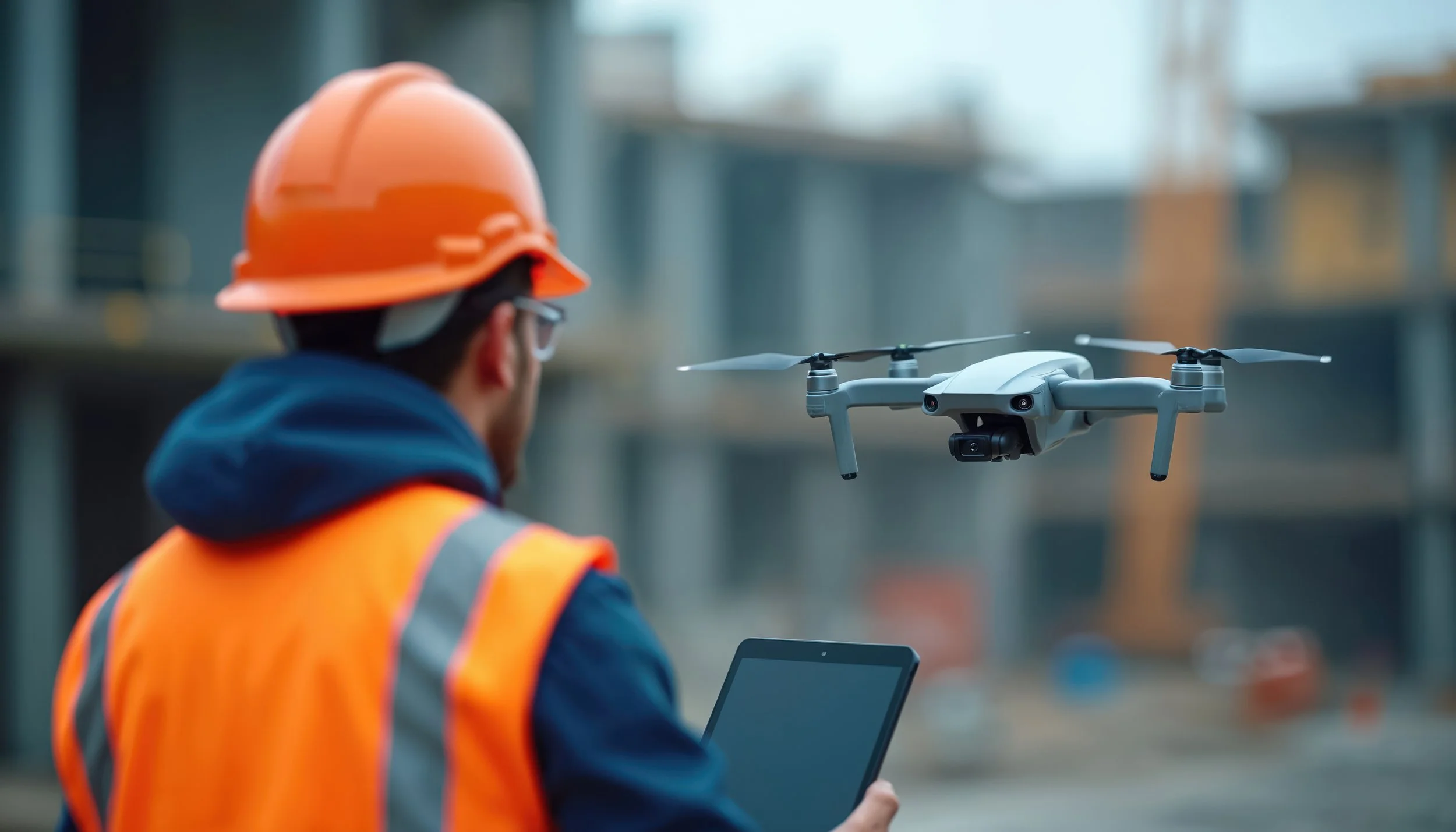 A construction worker in an orange safety vest and orange hard hat using a tablet while a drone flies in front of him at a construction site.