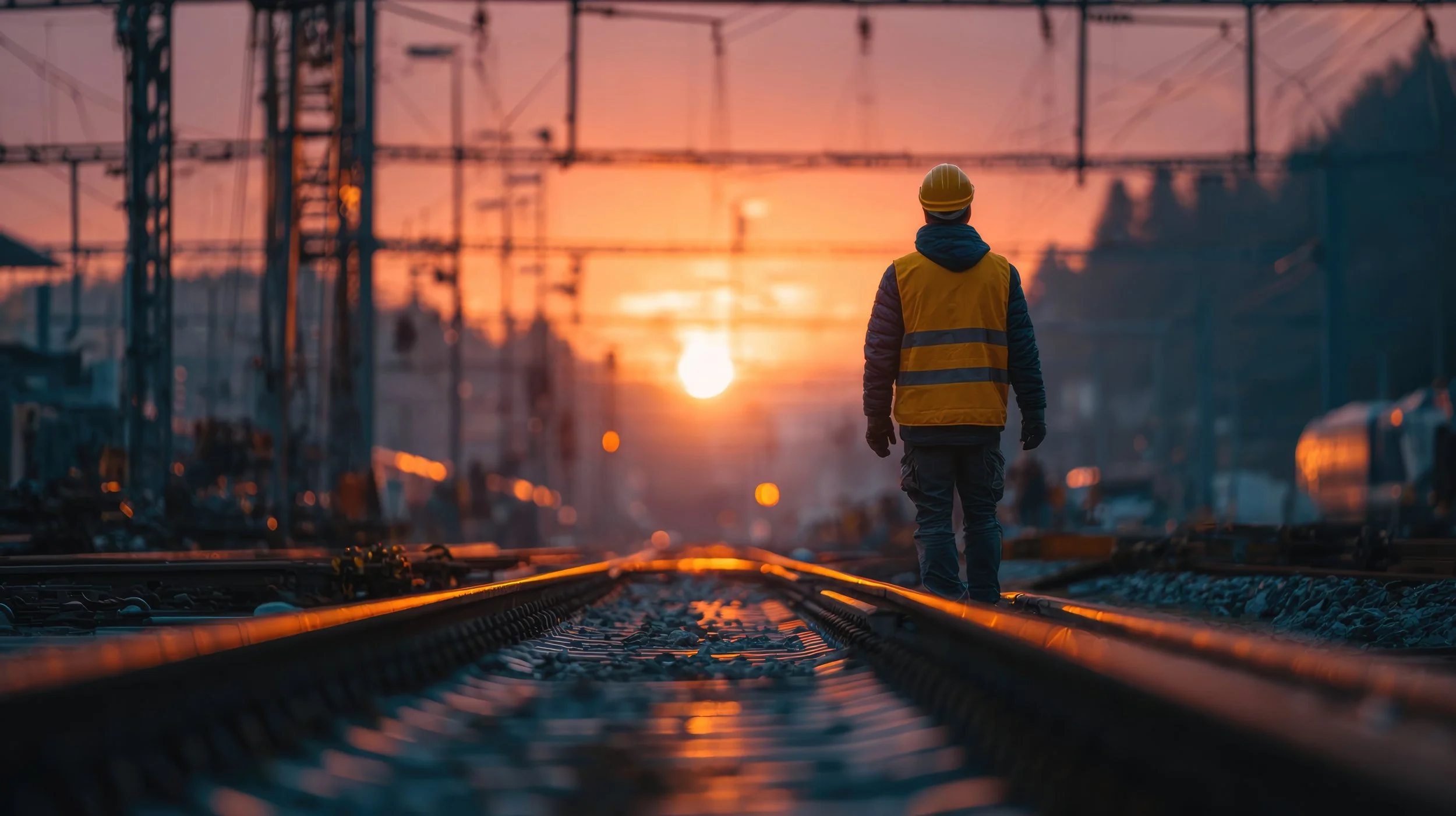 A person wearing a yellow safety vest and helmet walking along train tracks at sunset, with railway infrastructure and a train in the background.