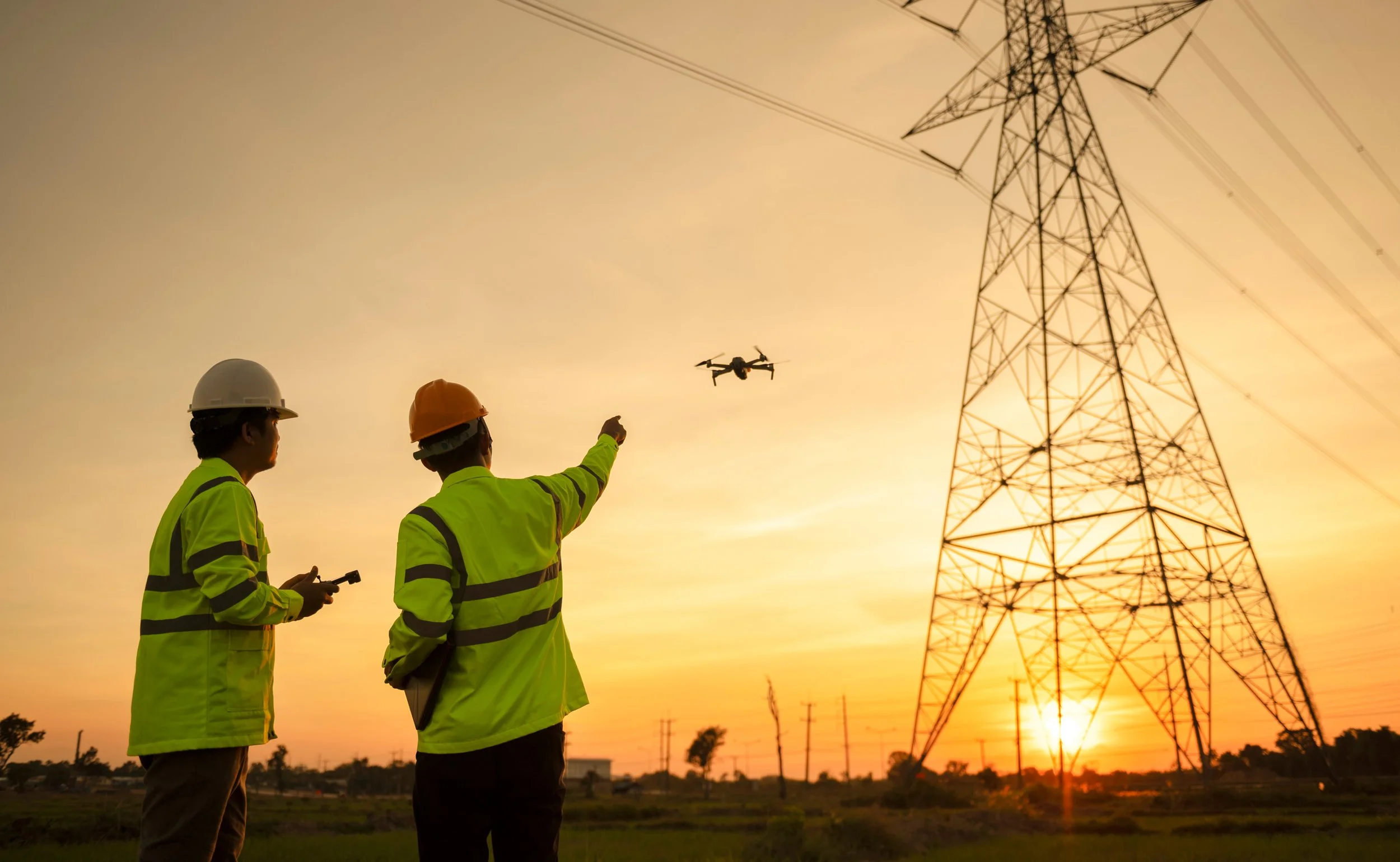 Two workers in safety gear flying a drone near a large electricity transmission tower during sunset.