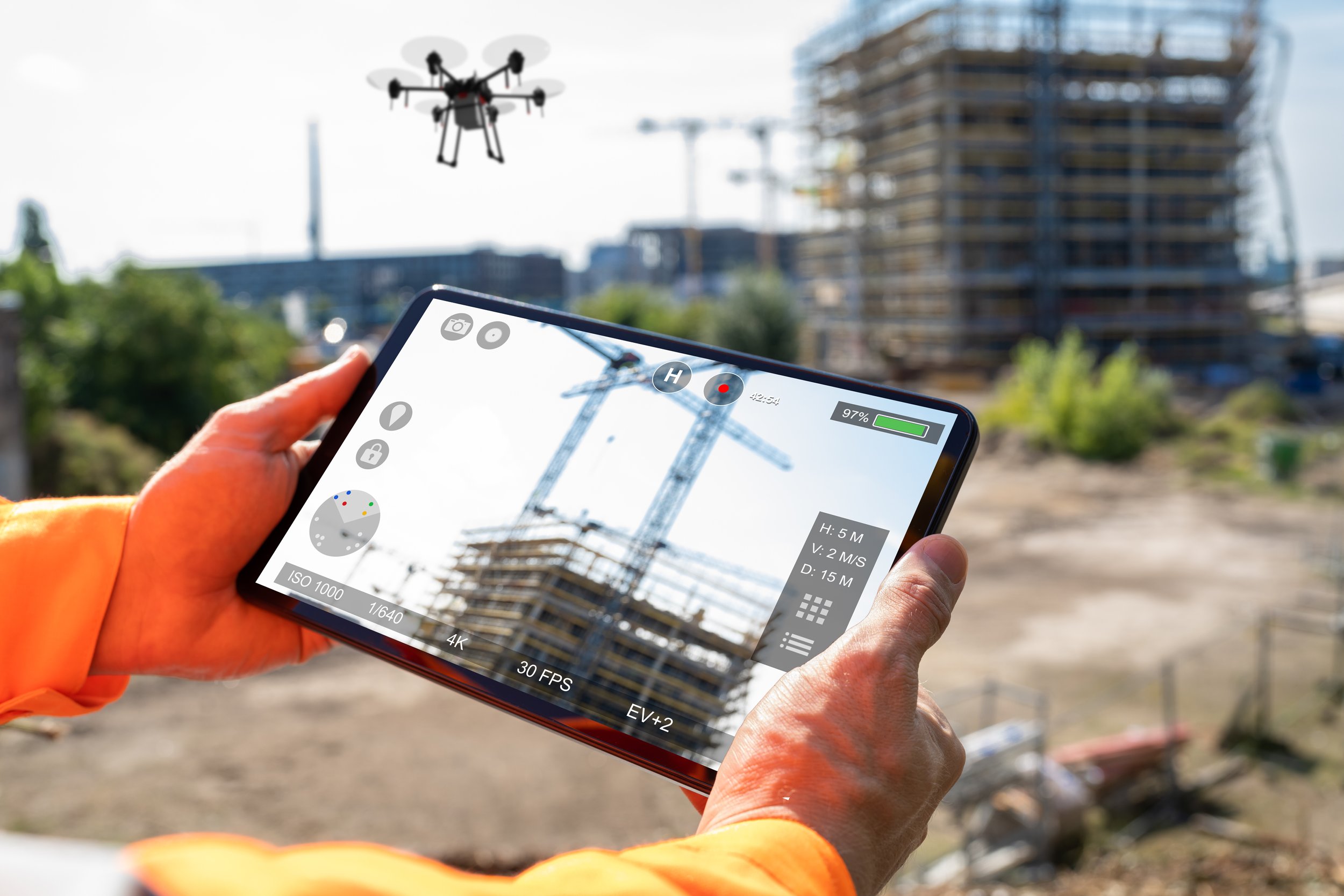 Person holding a drone with a tablet at a construction site, displaying drone camera view of high-rise building under construction, with cranes in the background, sunny weather, and lush green trees.
