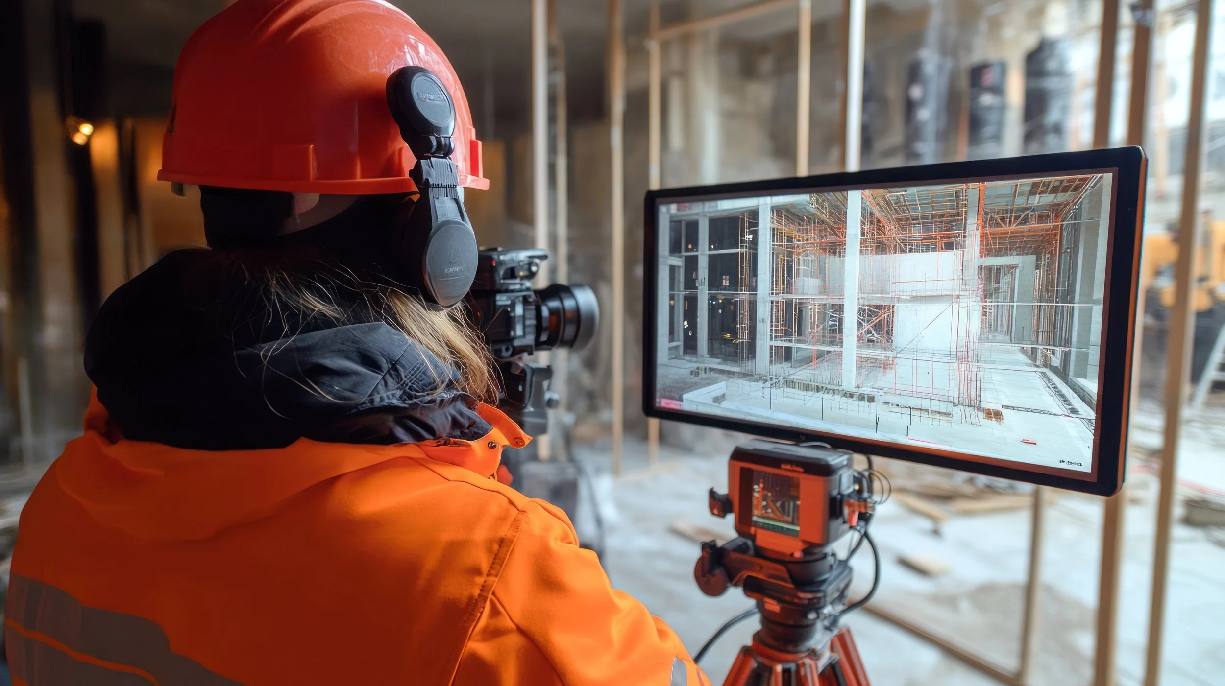 A construction worker wearing a red safety helmet and orange jacket operating a camera on a tripod, filming or photographing a building under construction with steel framework visible on a computer monitor.