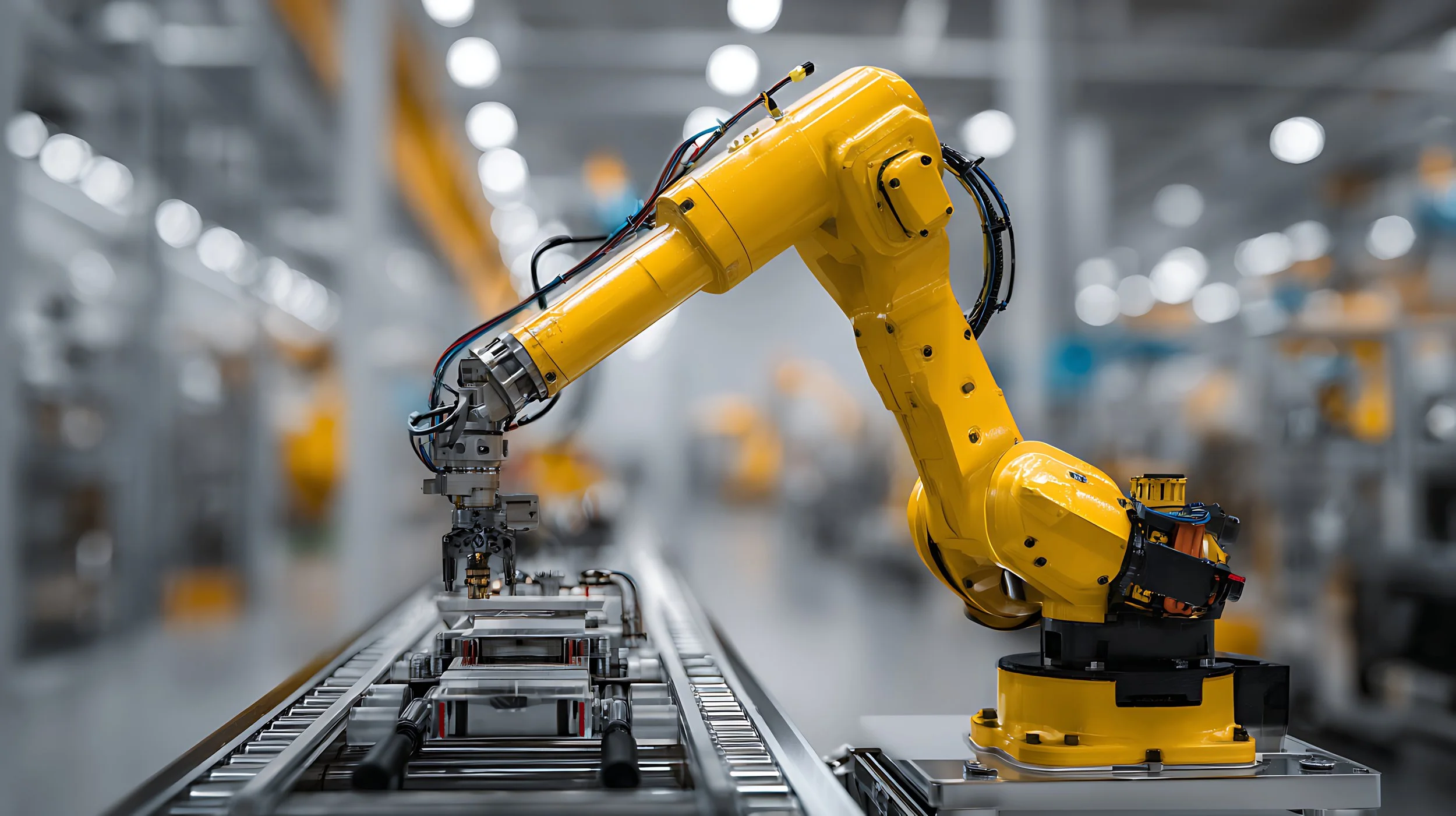 Yellow industrial robotic arm assembling components on a production line in a factory.