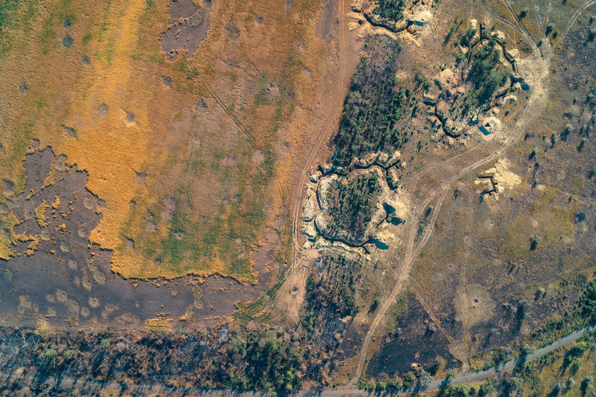 Aerial view of a landscape with a mixture of forested areas, cleared patches, and dirt roads. There are rocky formations and scattered trees across the terrain.