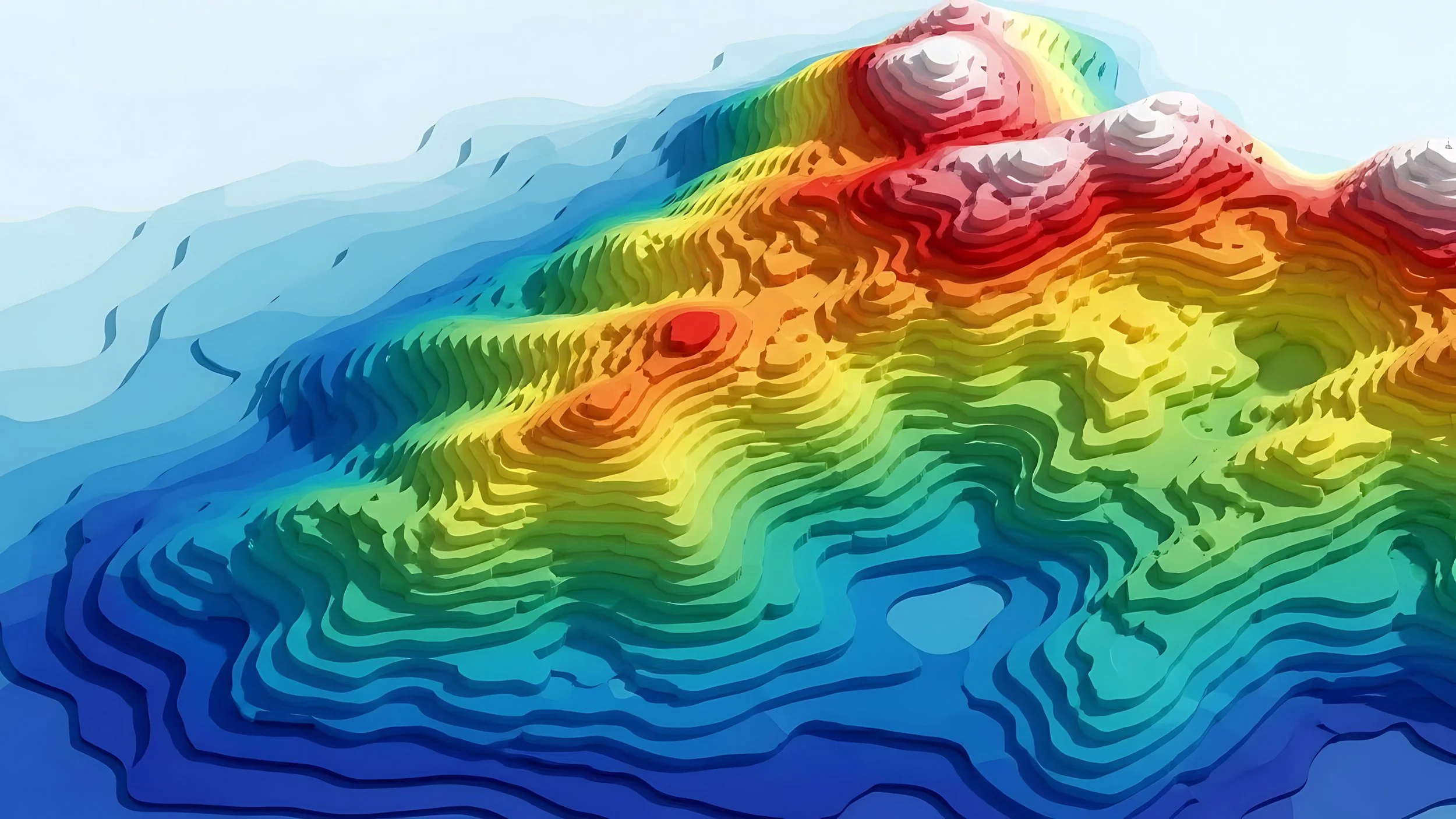 Colorful topographic map showing elevation changes with contour lines in various colors including blue, green, yellow, orange, red, and pink.