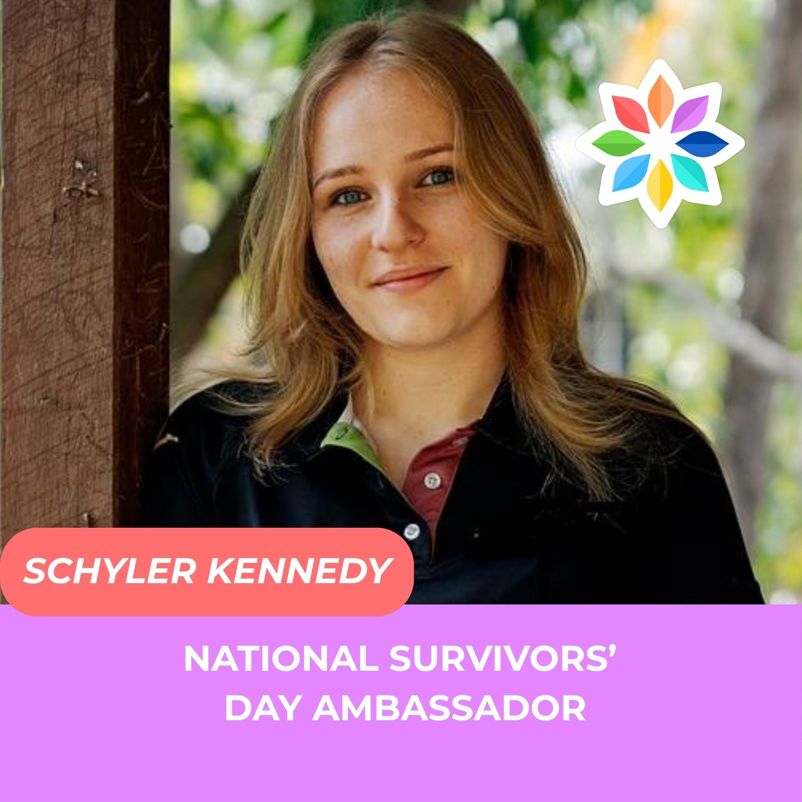 A young woman with short red hair smiling against a bright blue background with colorful flower shapes. The image features text promoting National Survivors' Day 2024, where the woman is designated as an ambassador for Schyler Kennedy, with a call to learn more at a website.