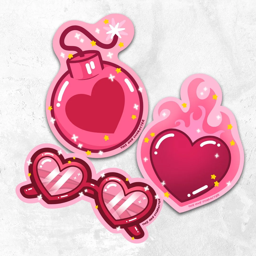 Pink 3-Sticker Set (Bomb, Flame Heart, Heart Glasses)