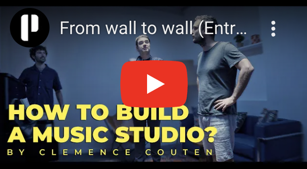 Screenshot of a YouTube video entitled "From wall to wall (Entr..." with three men in a room, talking, behind a large yellow banner with the text "HOW TO BUILD A MUSIC STUDIO?"